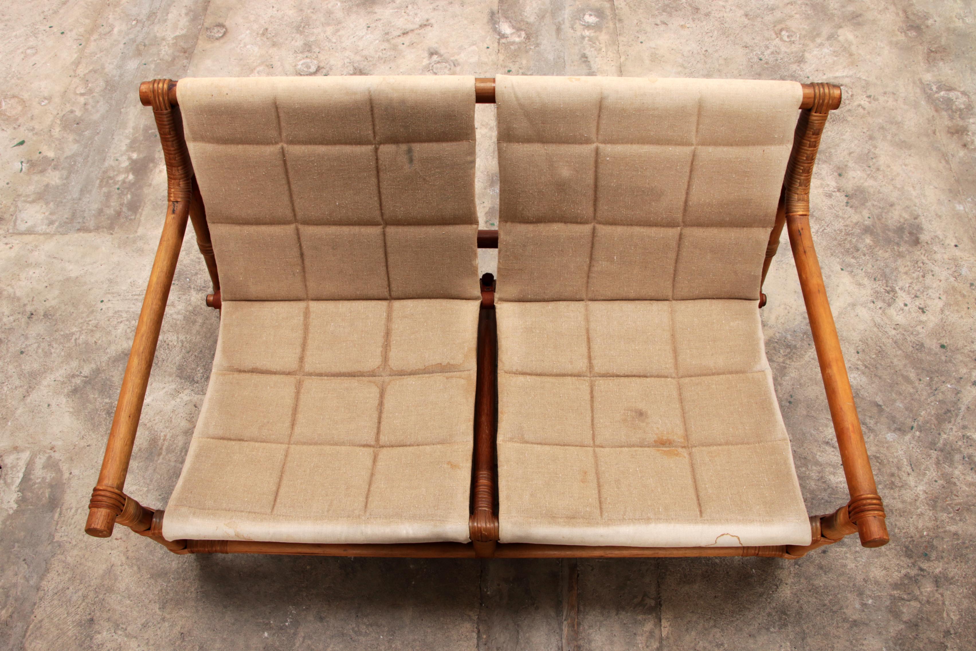 Vintage Bamboo garden set with leather cushions, 1970 Norway. For Sale 3