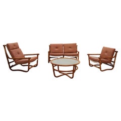 Used Bamboo garden set with leather cushions, 1970 Norway.