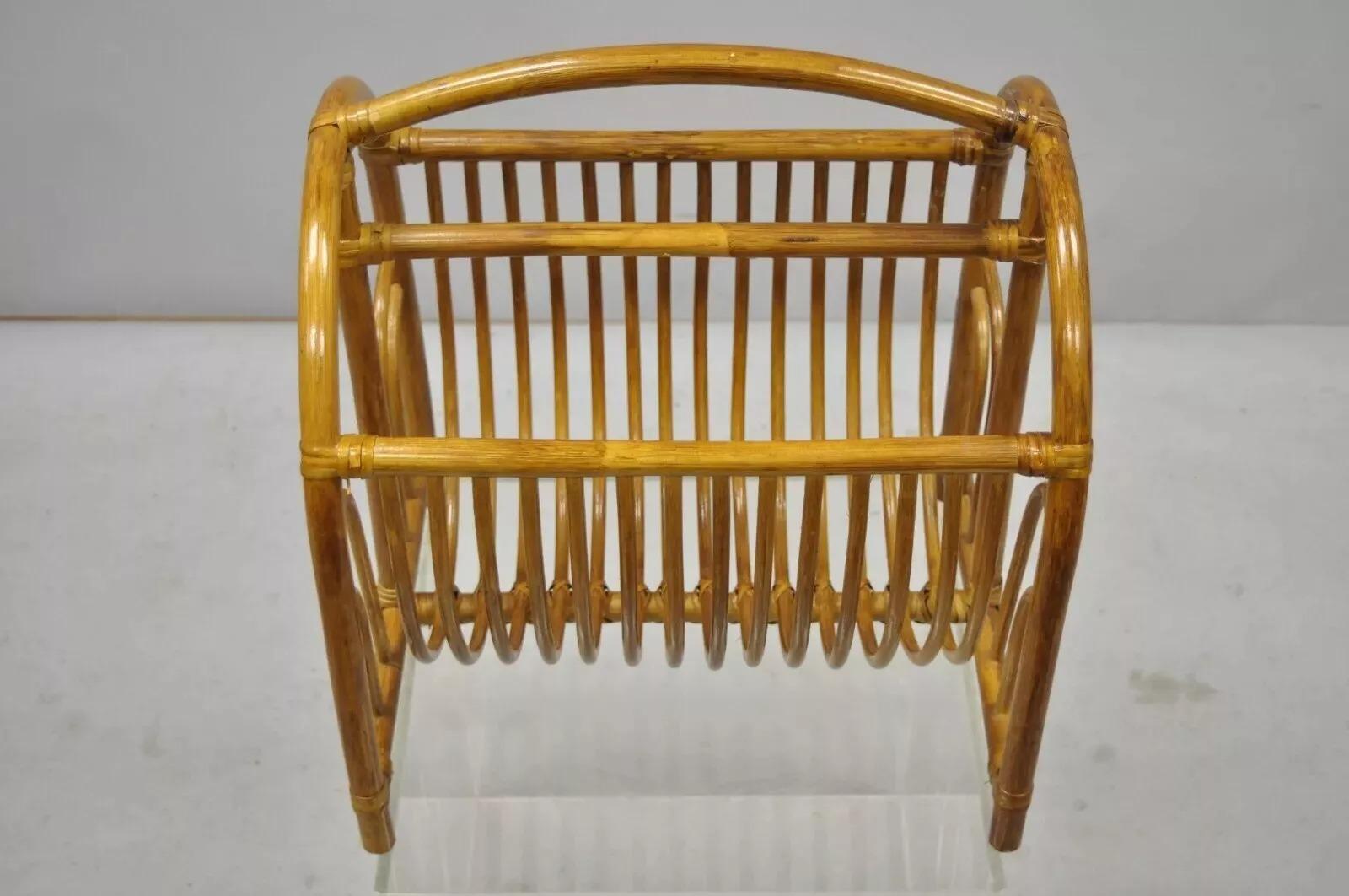 Vintage Bamboo Hollywood Regency Tiki Rattan Magazine Rack Stand Holder. Circa Late 20th Century. Measurements: 18