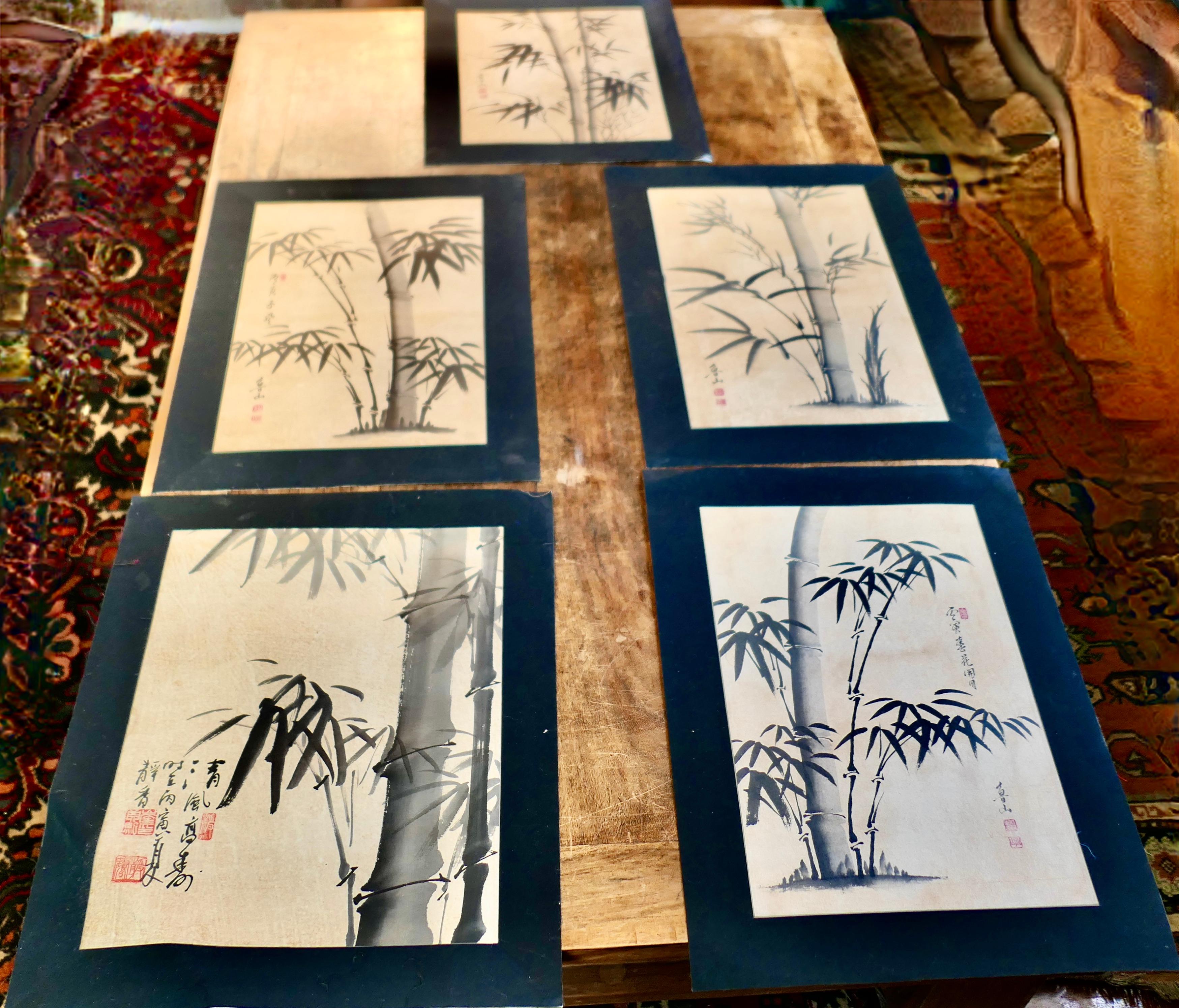Vintage Bamboo Japanese Art, Wall Art  

5 excellent pieces, on cartridge paper set on Black Silk
Wonderful Vintage pieces, from 1980, 21.5” high, 15.5” wide 
ZX281