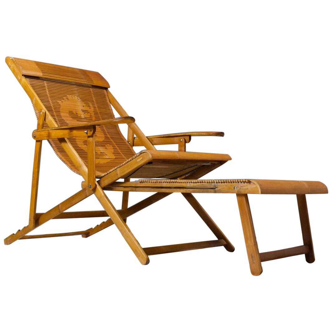Vintage Bamboo Japanese Lounger or Deck Chair with Armrests and Hocker For Sale