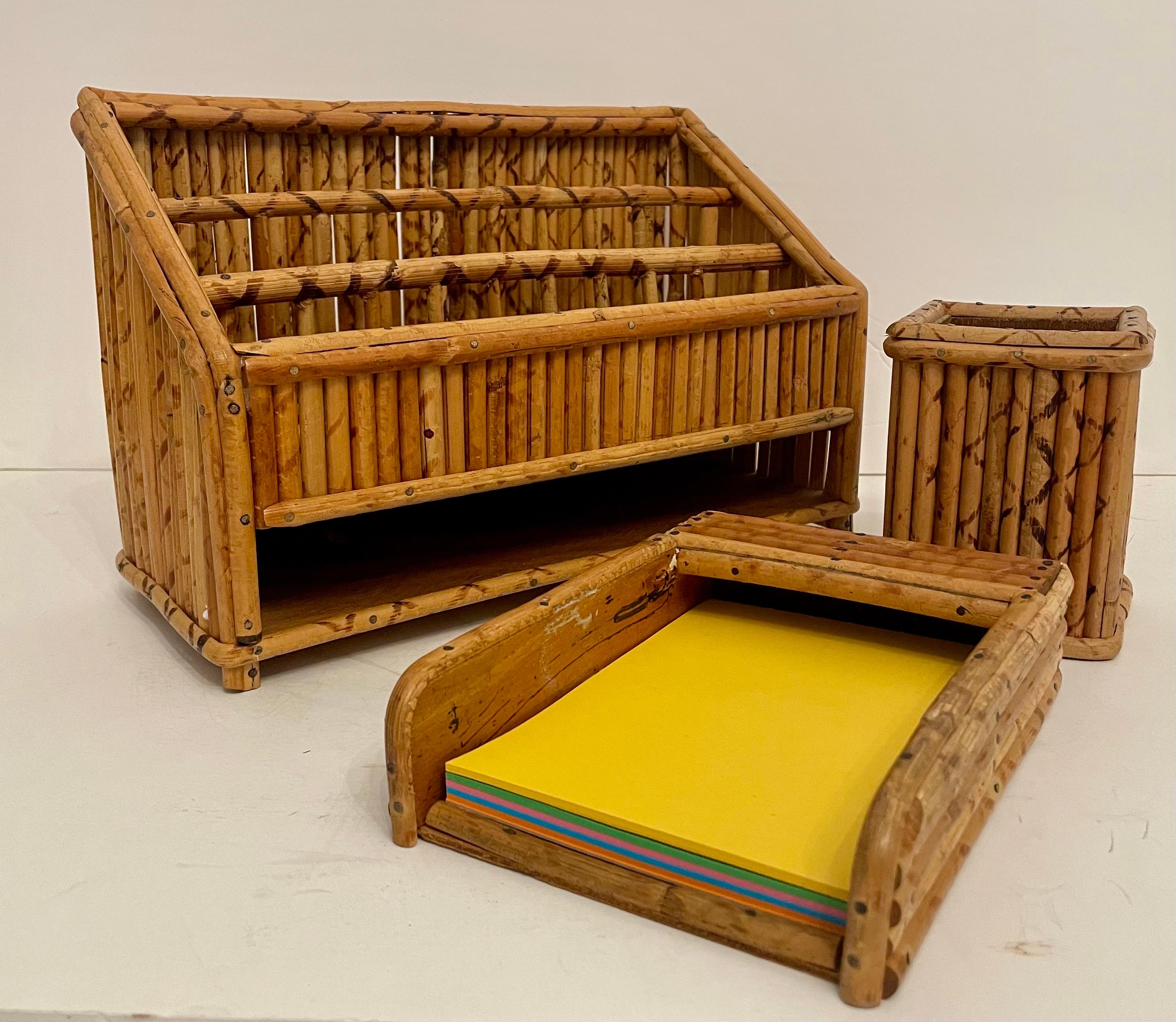 Vintage Bamboo Letter Holder Desk Organizer 3 Piece Set.  Set includes letter holder with three compartments on top and a large area on bottom, 11