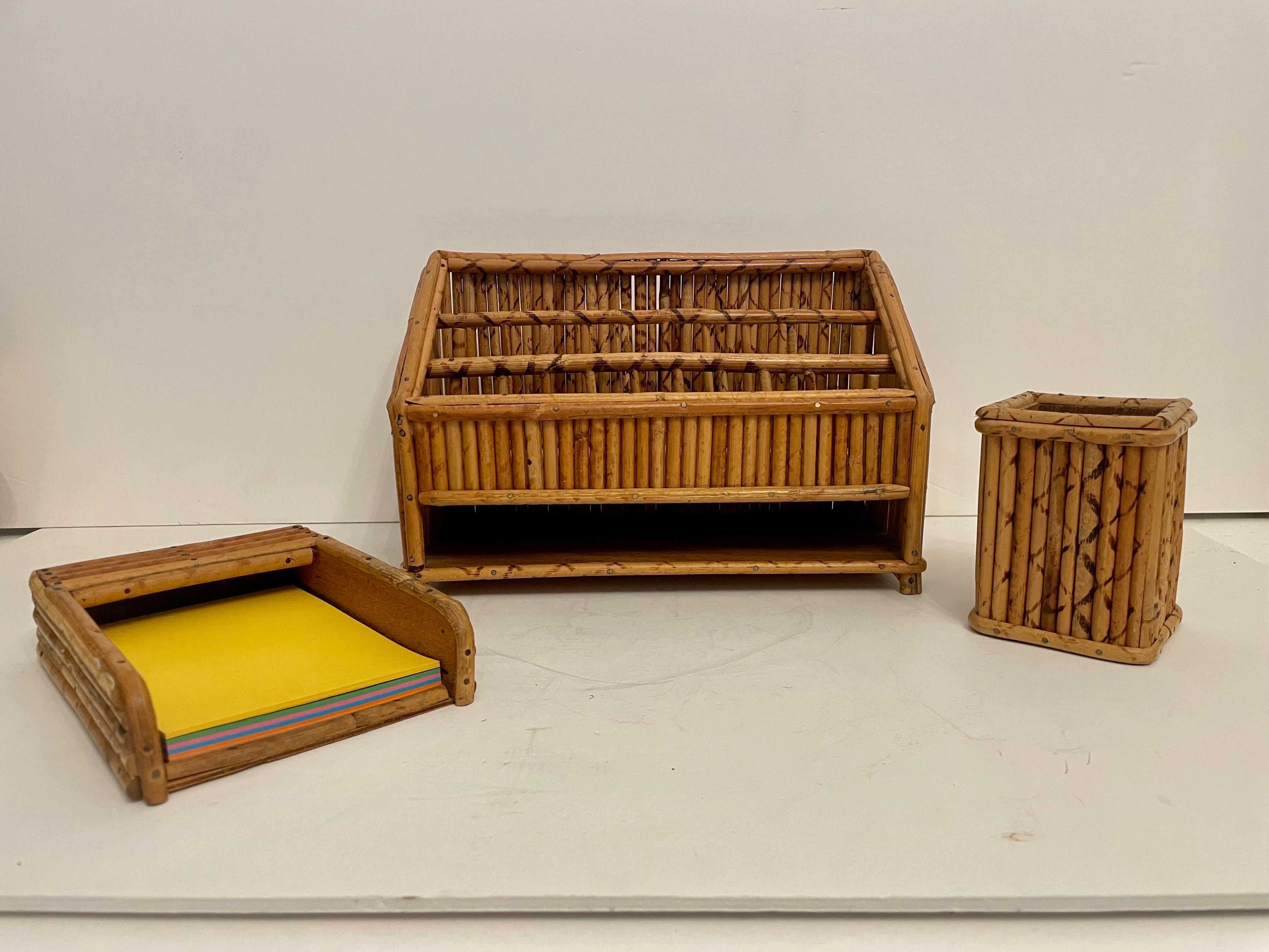 Adirondack Vintage Bamboo Letter Holder Desk Organizer 3 Piece Set  For Sale