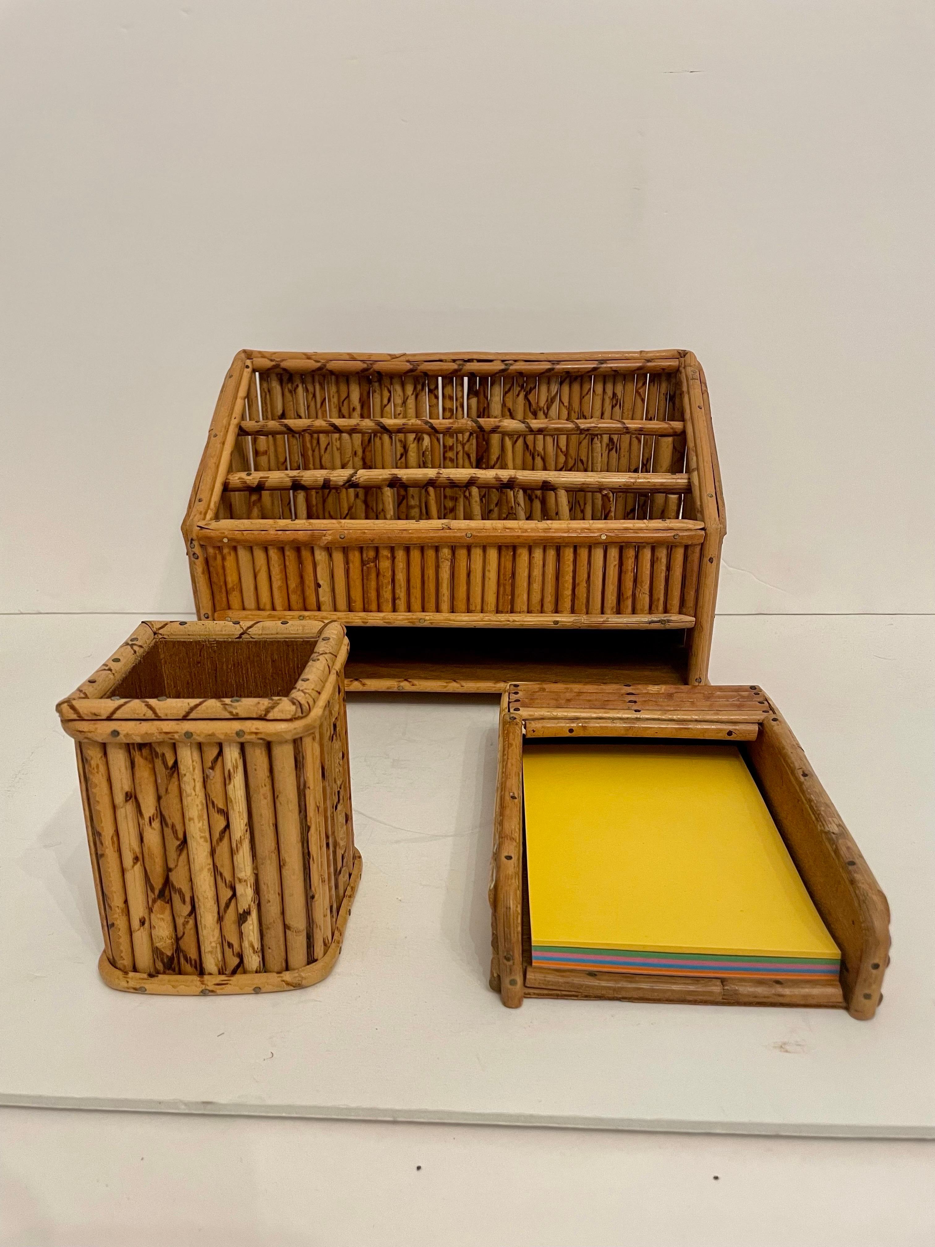 Vintage Bamboo Letter Holder Desk Organizer 3 Piece Set  For Sale 2