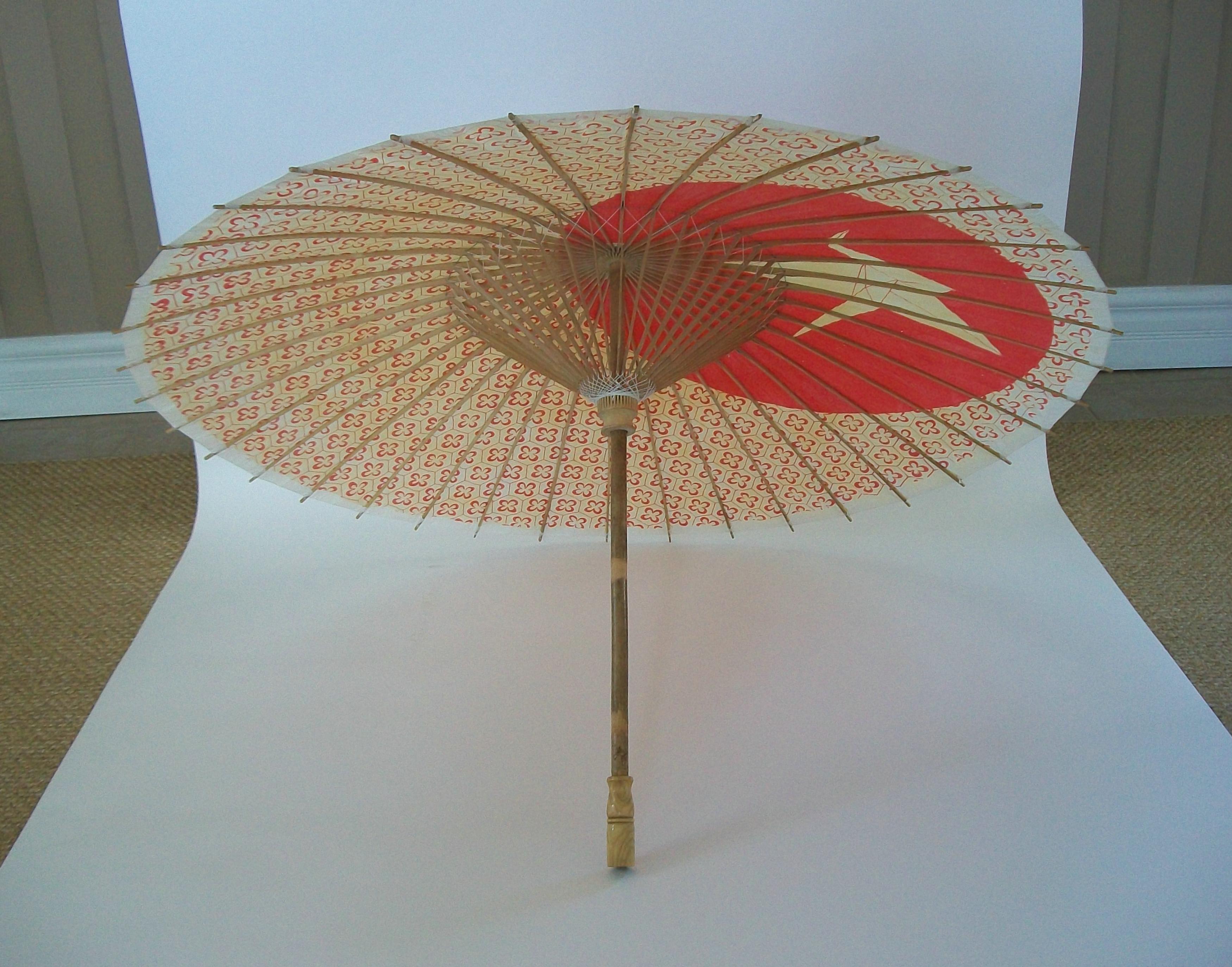 Vintage Bamboo & Paper Wagasa Umbrella with Orizuru Print - Japan - Circa 1950's For Sale 2