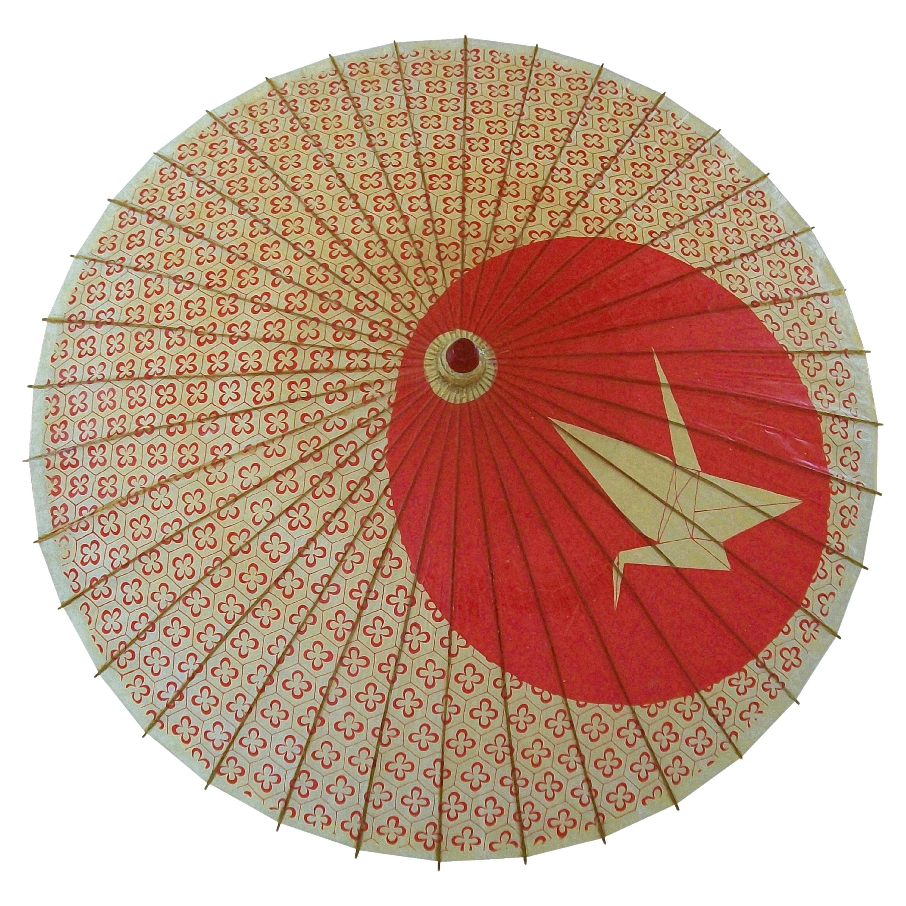 Vintage Bamboo & Paper Wagasa Umbrella with Orizuru Print - Japan - Circa 1950's For Sale