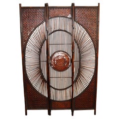 Vintage Bamboo / Rattan 3-Panel Screen with Sunburst Motif