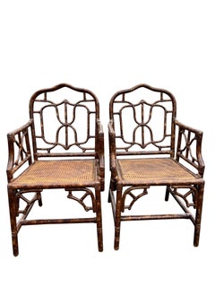 Vintage Bamboo Rattan Accent or Side Arm Chairs With Cane Seating a Pair