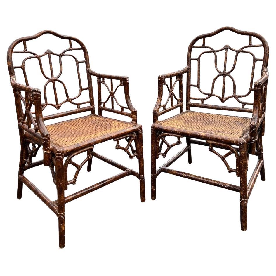 Vintage Bamboo Rattan Accent or Side Arm Chairs With Cane Seating a Pair