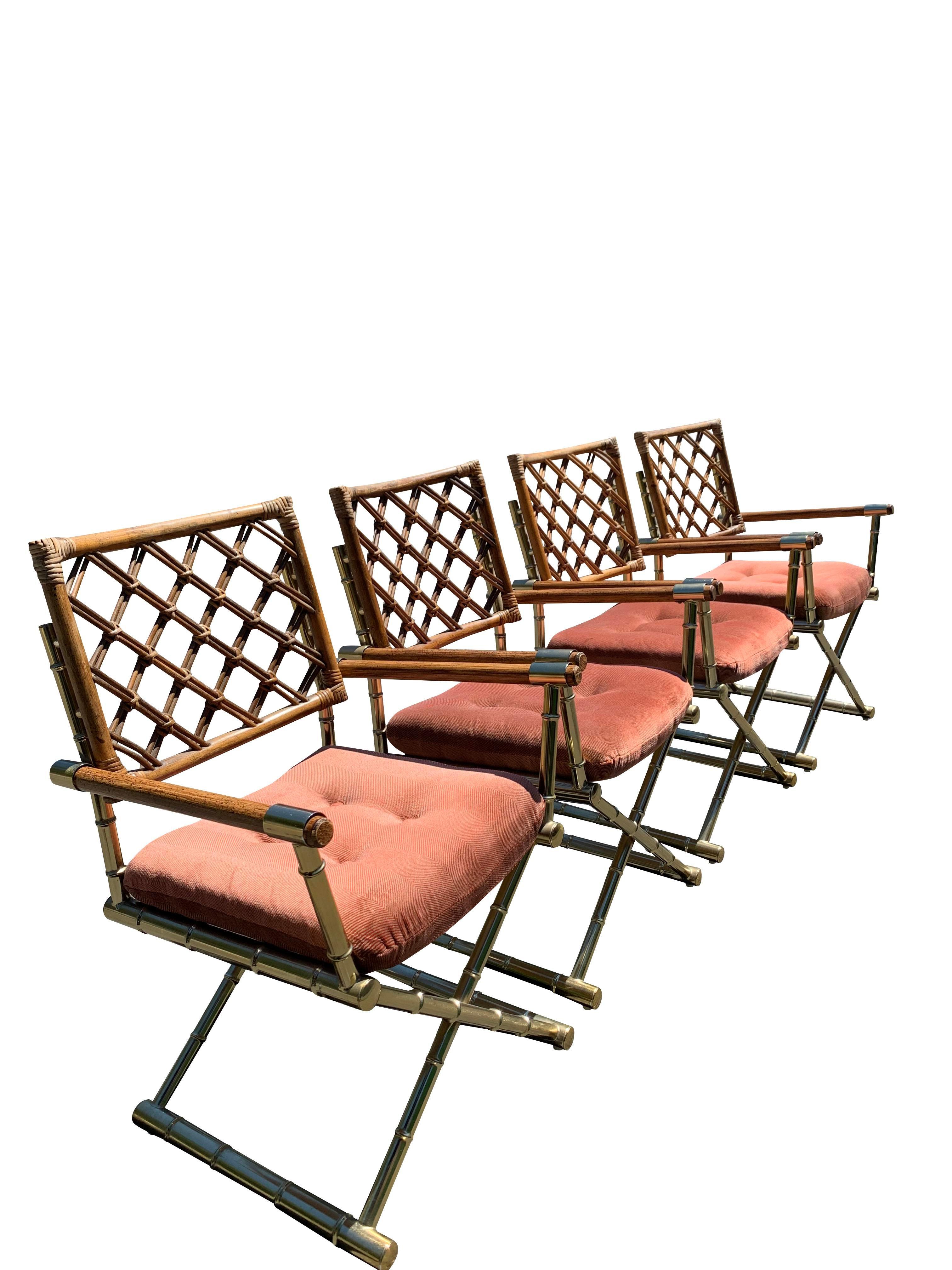 Hollywood Regency Sedie da pranzo vintage in bambù, rattan e ottone in stile moderno X - Set di 4 in vendita