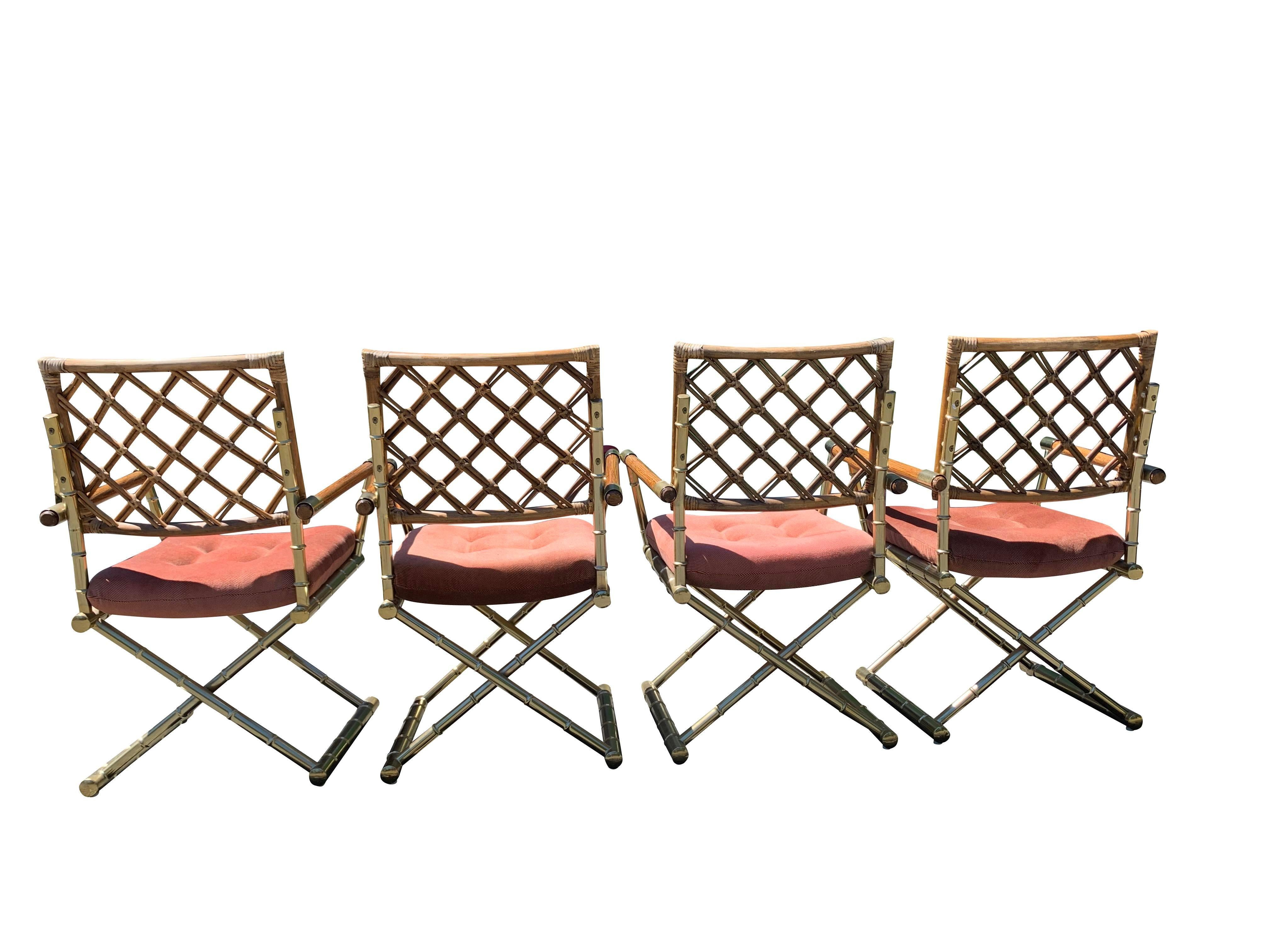 Fine XX secolo Sedie da pranzo vintage in bambù, rattan e ottone in stile moderno X - Set di 4 in vendita
