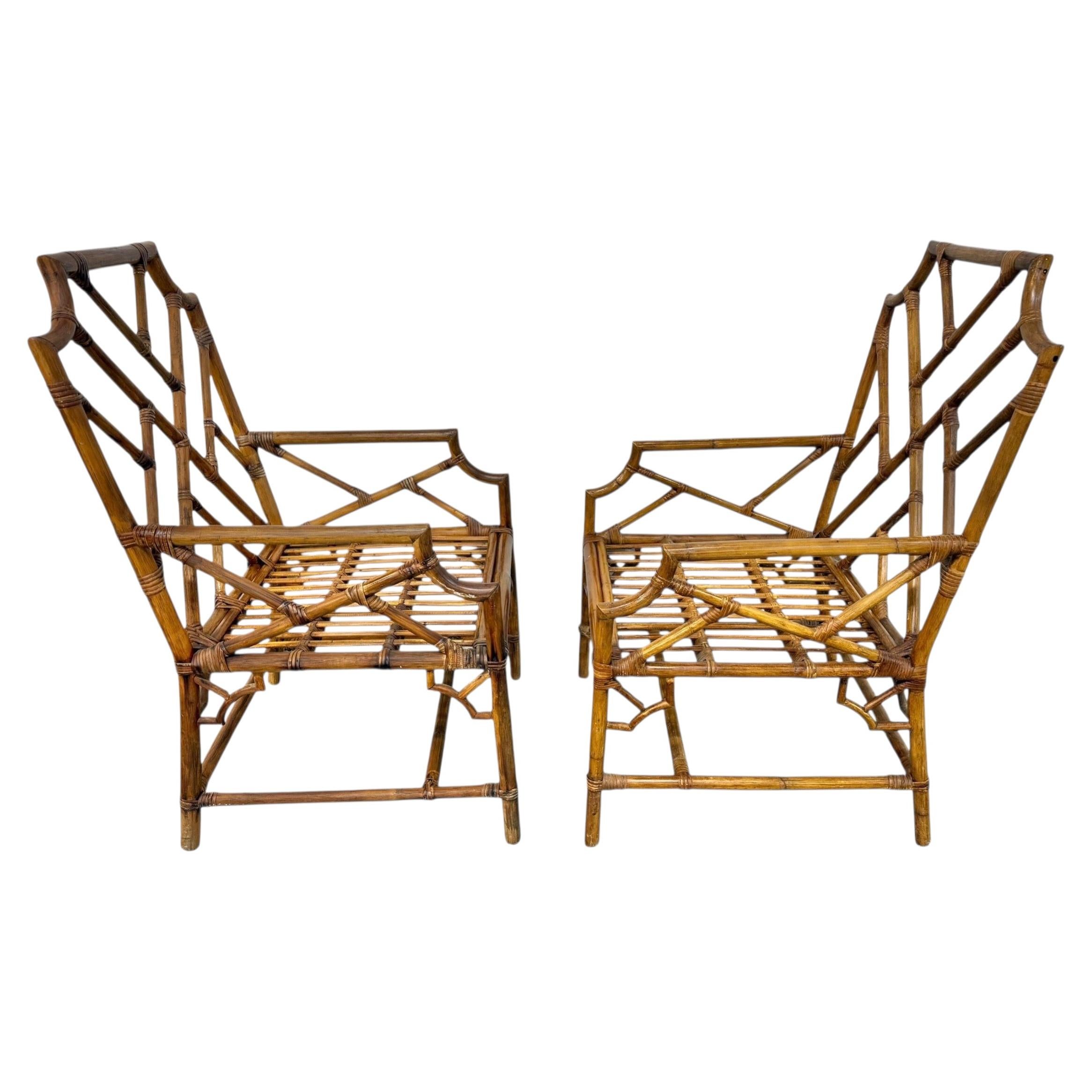 Fauteuils vintage en bambou et rotin - Lot de 2