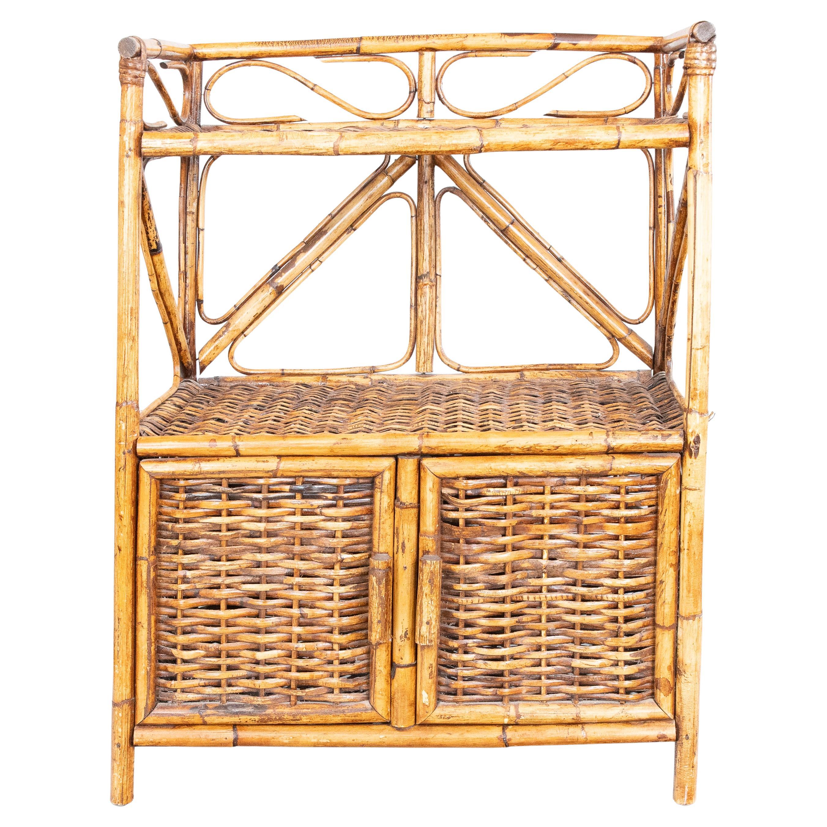Vintage Bamboo & Rattan Bookcase Etagere With Cabinets