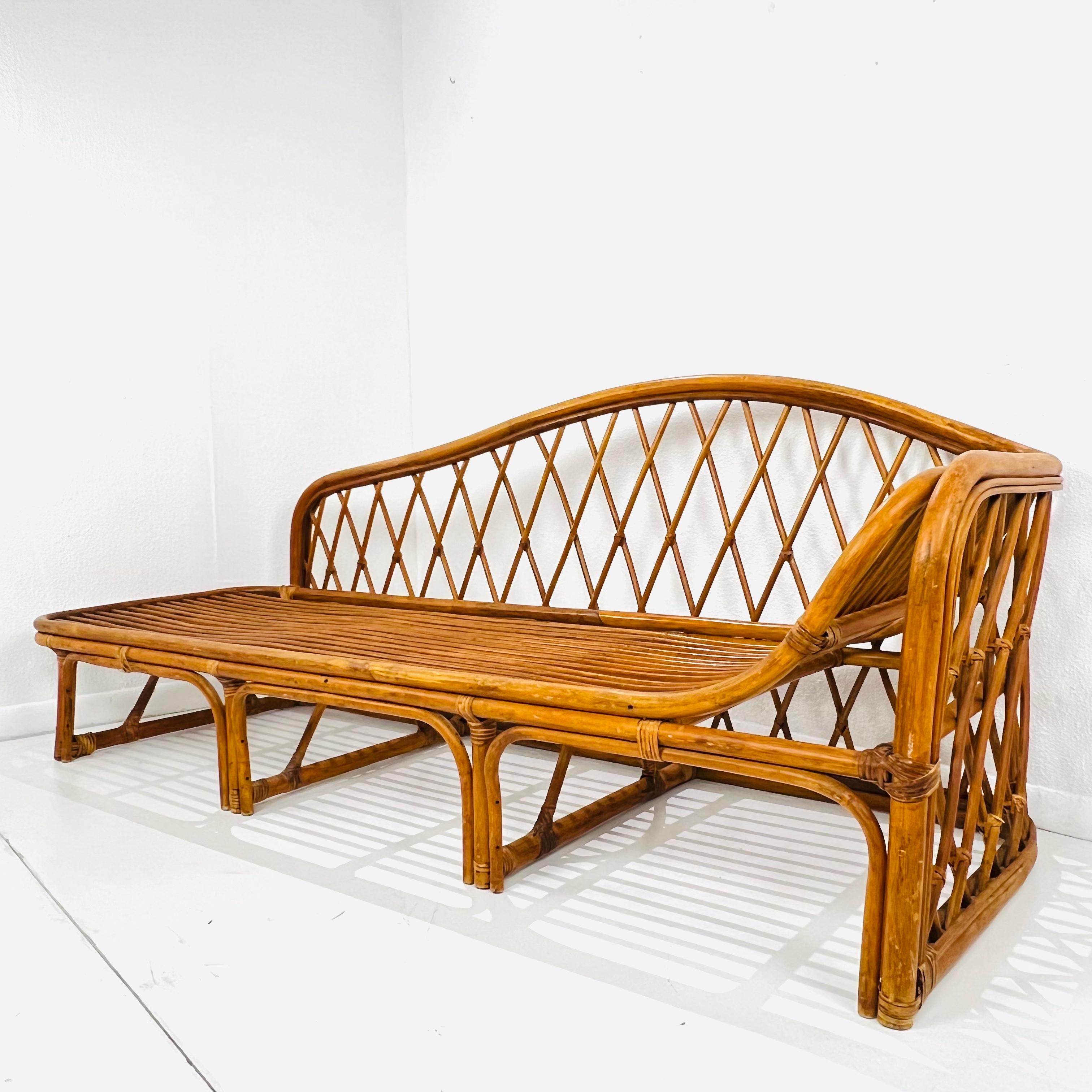 Vintage bamboo and rattan chaise lounge/divan. Good, sturdy condition with some wear due to normal age and use. No cushions included. 