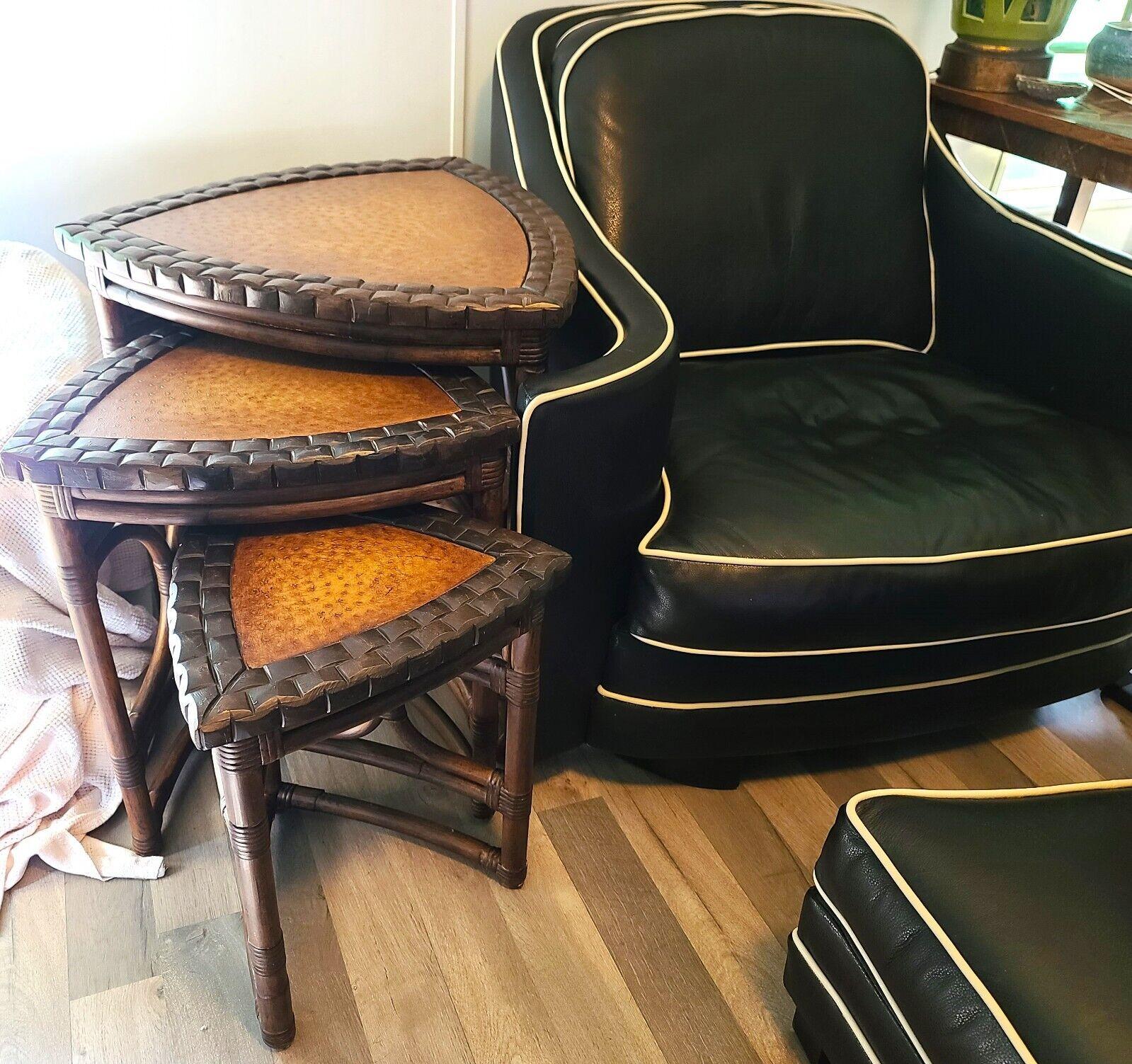 For FULL item description be sure to click on CONTINUE READING at the bottom of this listing.

Offering one of our recent palm beach estate fine furniture acquisitions of a
(3) vintage bamboo, rattan, coconut shell, & faux ostrich nesting