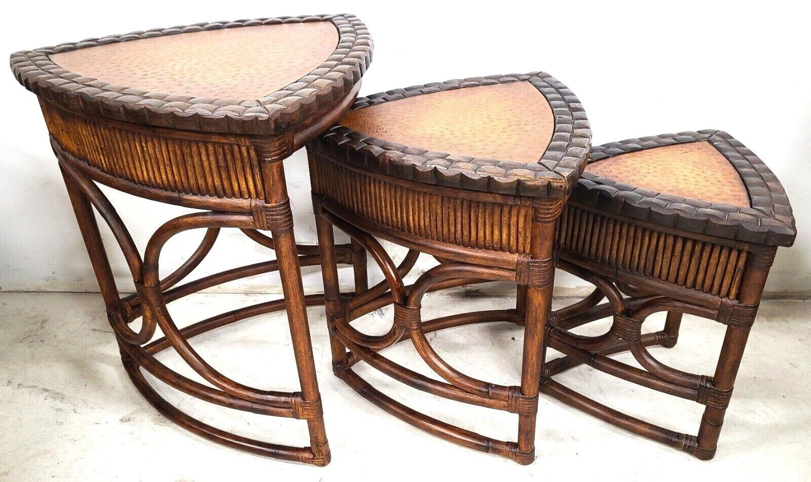 Vintage Bamboo Rattan Coconut Shell Ostrich Nesting Tables, Set of 3 In Good Condition For Sale In Lake Worth, FL