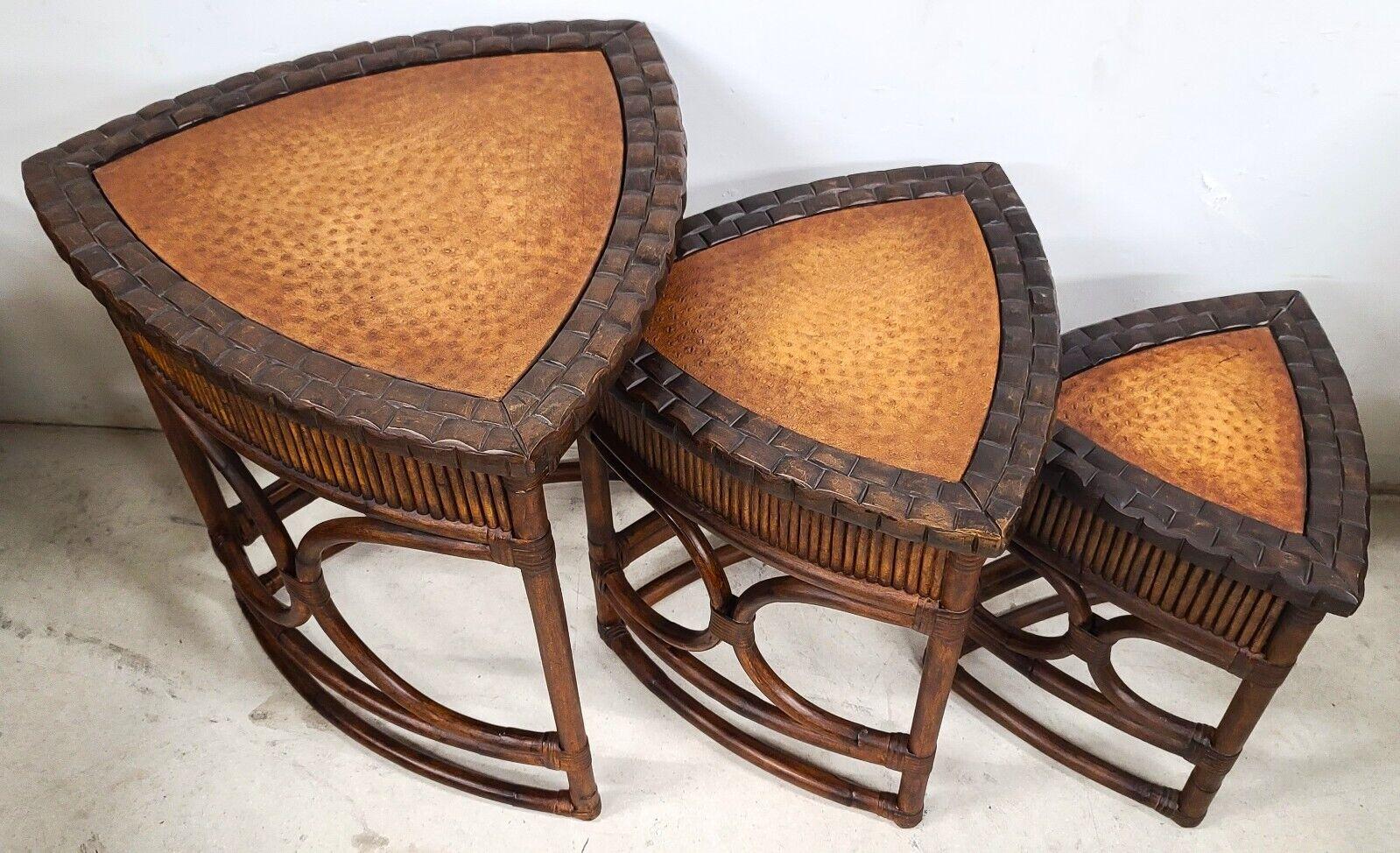 Late 20th Century Vintage Bamboo Rattan Coconut Shell Ostrich Nesting Tables, Set of 3 For Sale