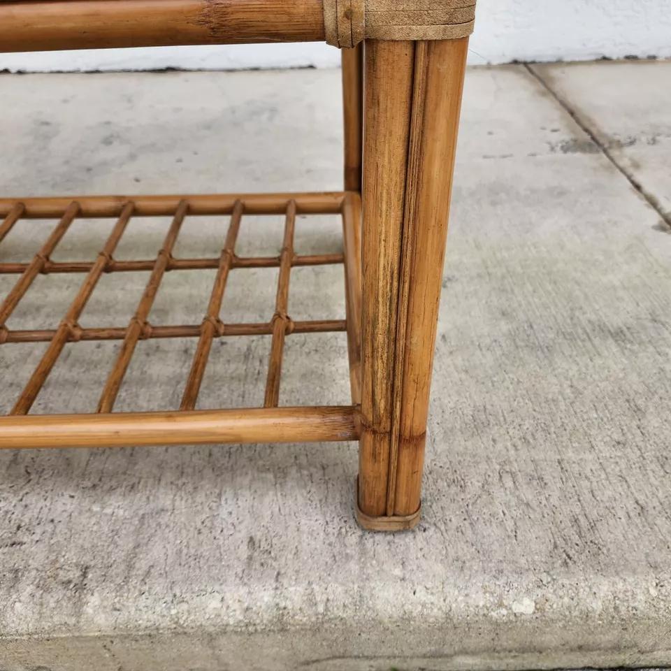 Leather Vintage Bamboo Rattan Coffee Table For Sale