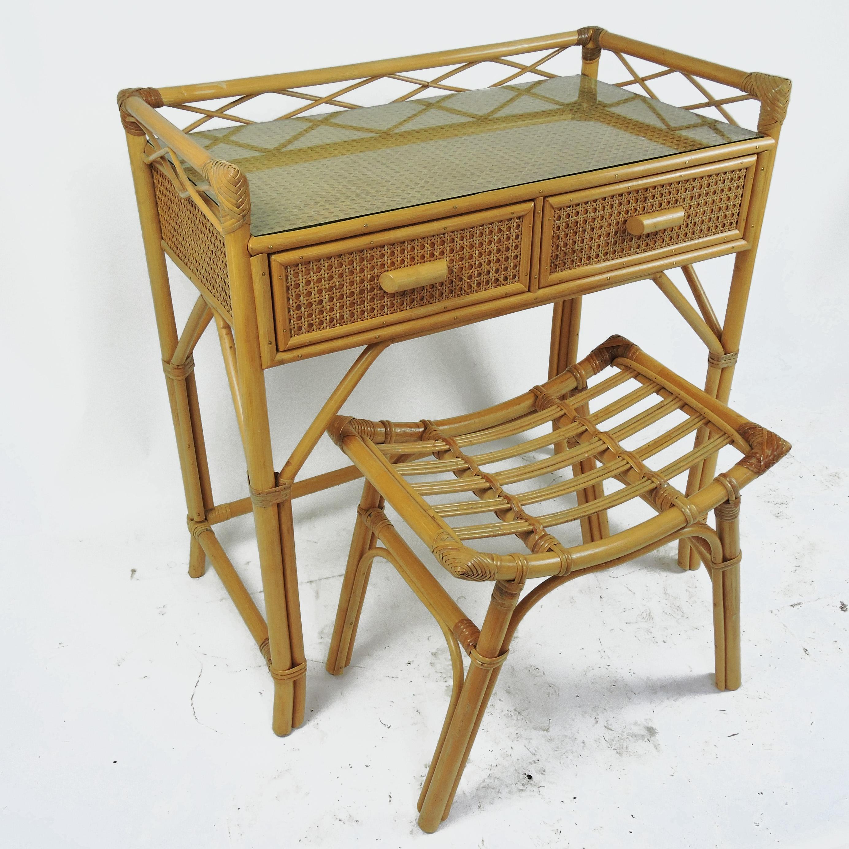 Late 20th Century Vintage Bamboo & Rattan Dressing Table with Stool, 1970s For Sale
