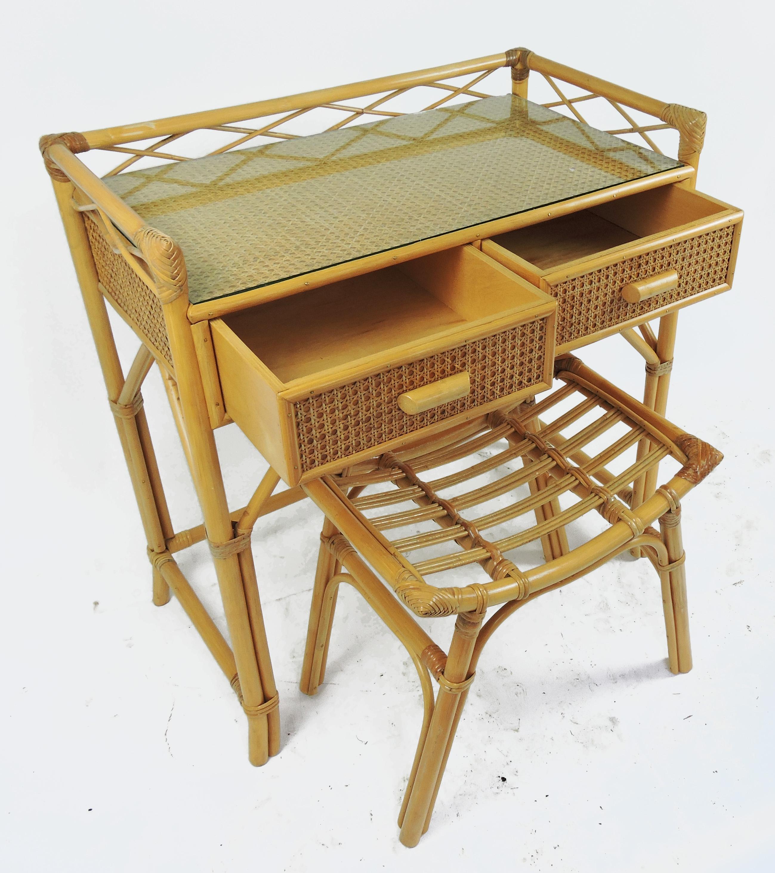 Cane Vintage Bamboo & Rattan Dressing Table with Stool, 1970s For Sale
