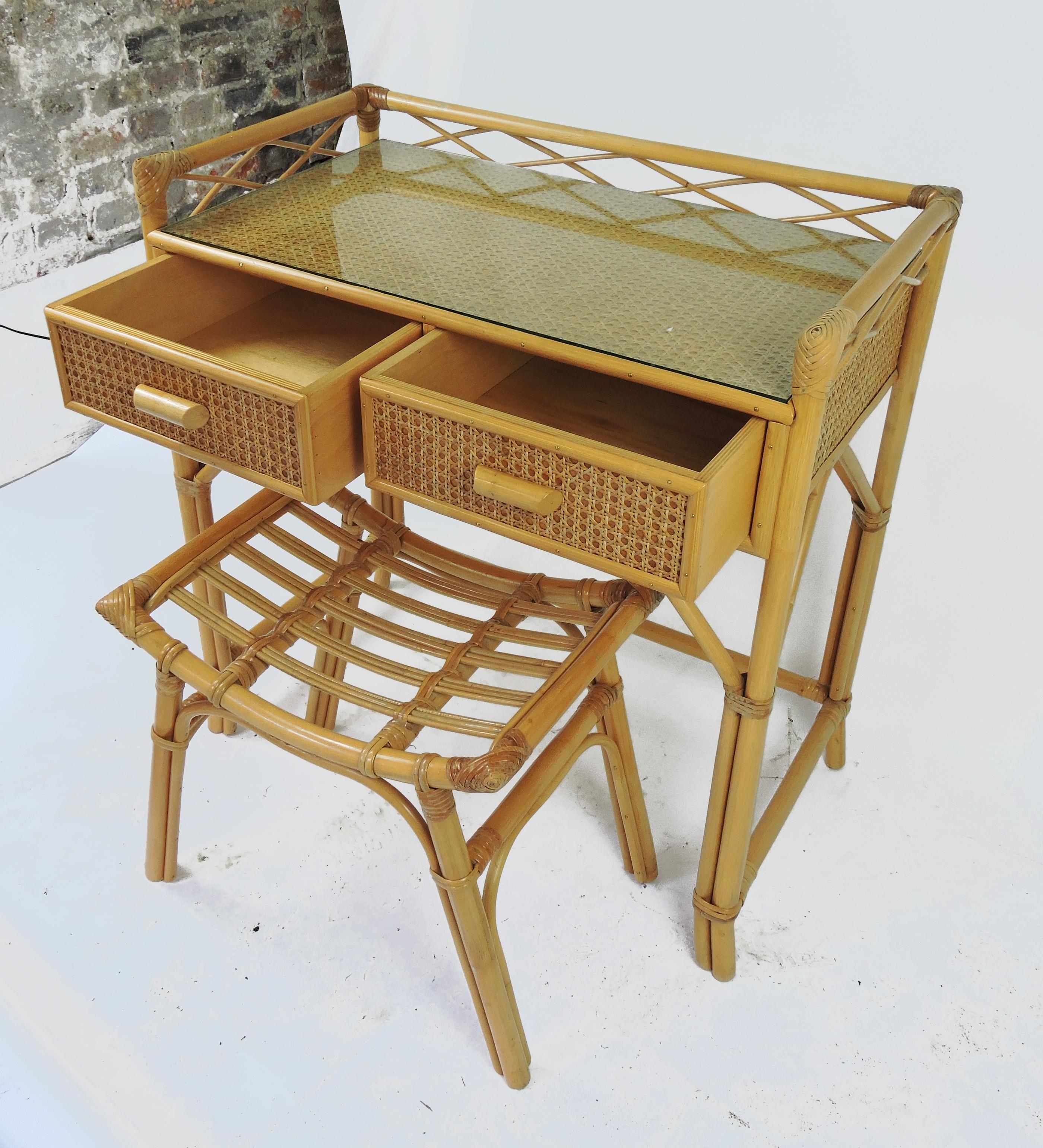 Vintage Bamboo & Rattan Dressing Table with Stool, 1970s For Sale 1