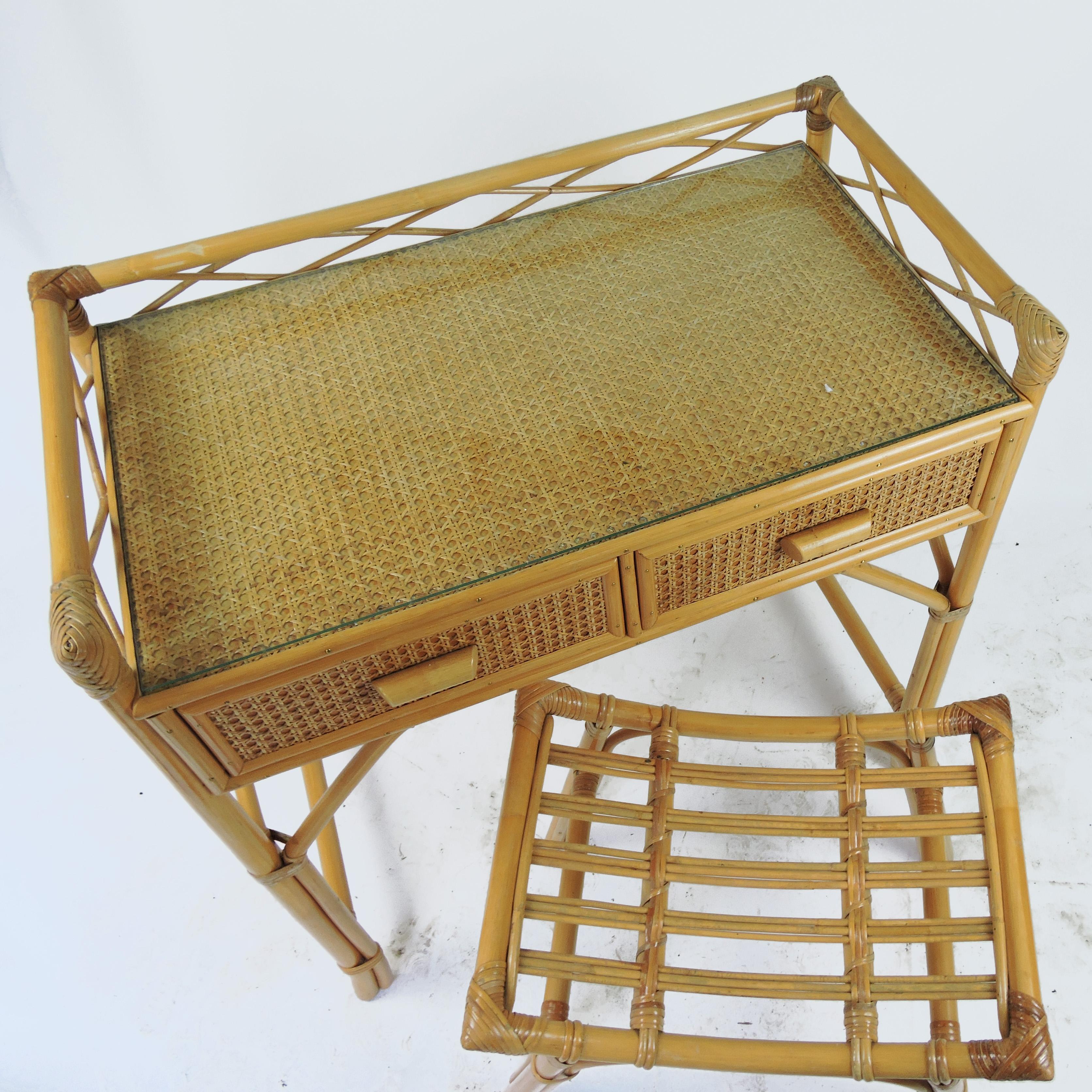 Vintage Bamboo & Rattan Dressing Table with Stool, 1970s For Sale 4