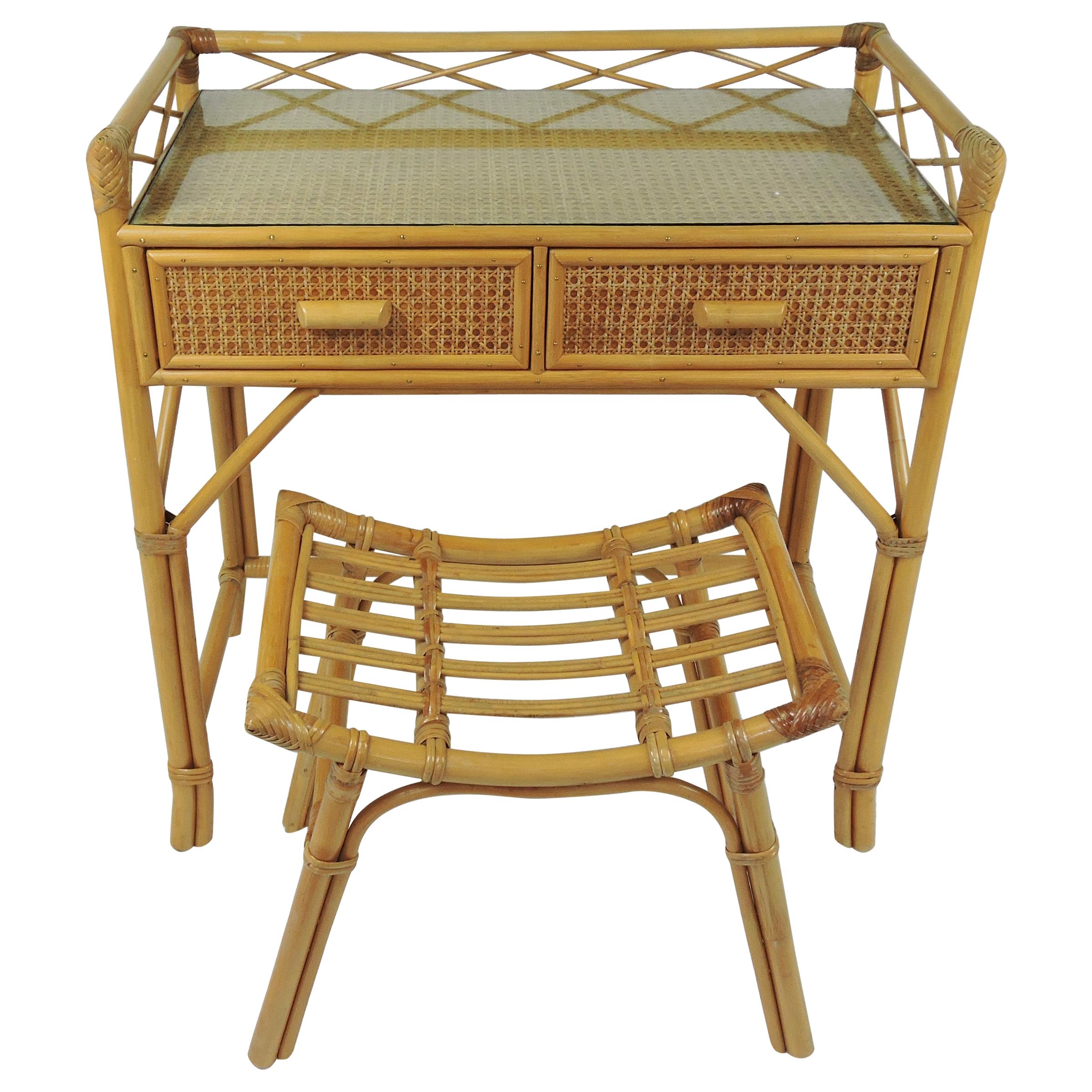 Vintage Bamboo & Rattan Dressing Table with Stool, 1970s For Sale