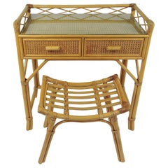 Vintage Bamboo & Rattan Dressing Table with Stool, 1970s