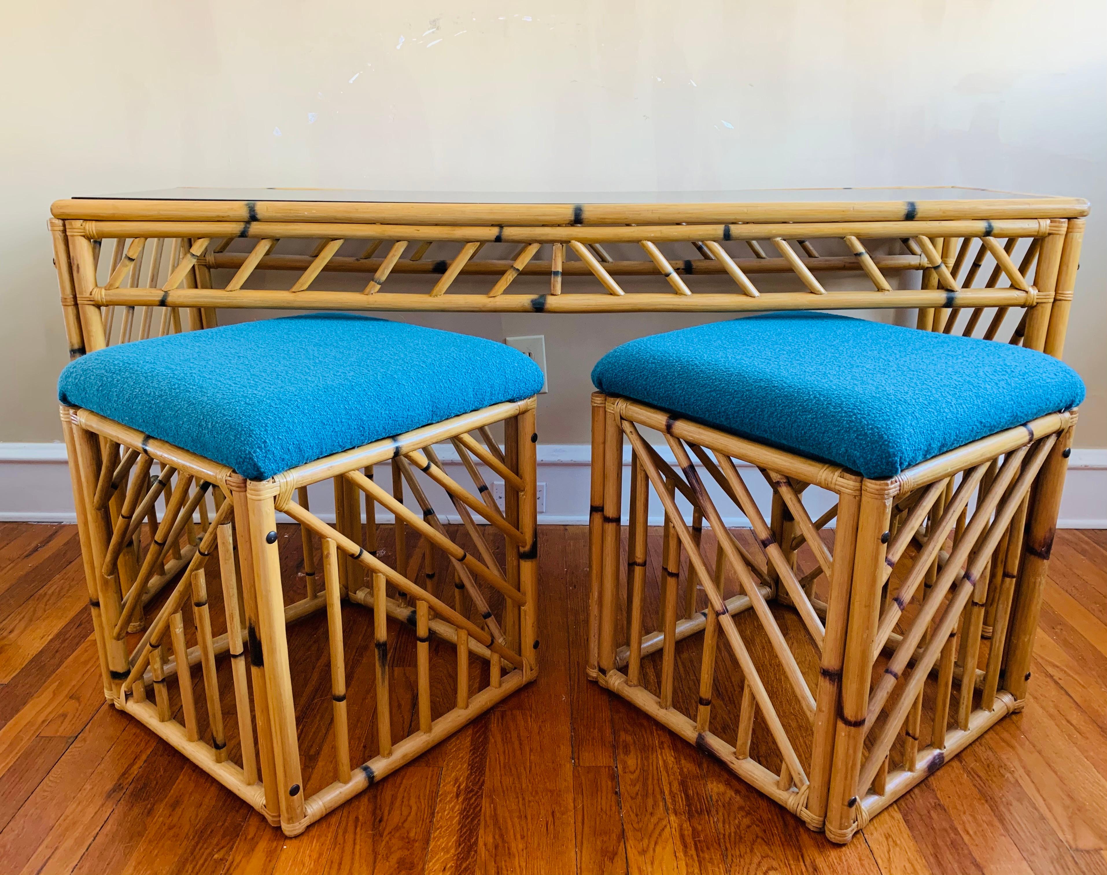 A charming console table, replete with coordinating stools. 

This set is clean & solid, and is ready to be placed in its new home. 

Many of the vintage bamboo/rattan pieces you'll find are a bit more dusty & worn, as these pieces were commonly