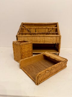 Vintage Bamboo & Rattan Letter Holder Desk Organizer 3 Piece Set