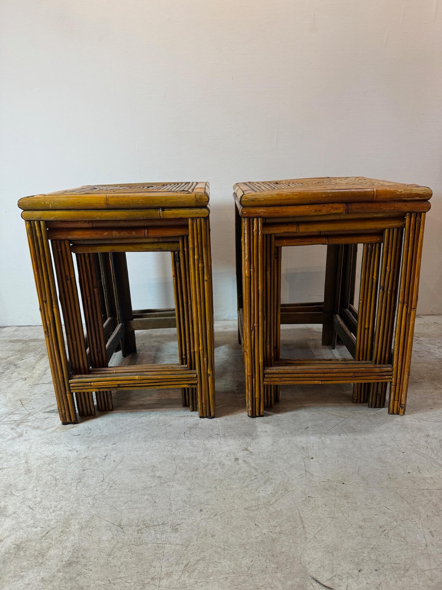 Mid-Century Modern Vintage Bamboo & Rattan Nesting Tables – Set of Three, Mid-Century Tropical Boho For Sale