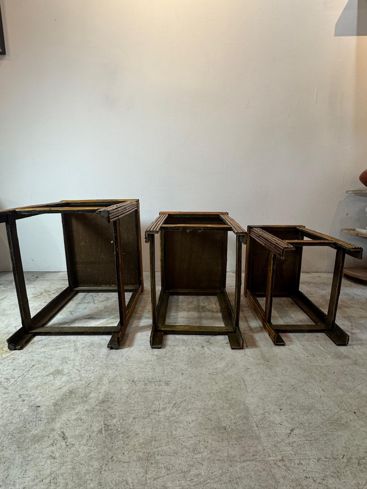 Joinery Vintage Bamboo & Rattan Nesting Tables – Set of Three, Mid-Century Tropical Boho For Sale