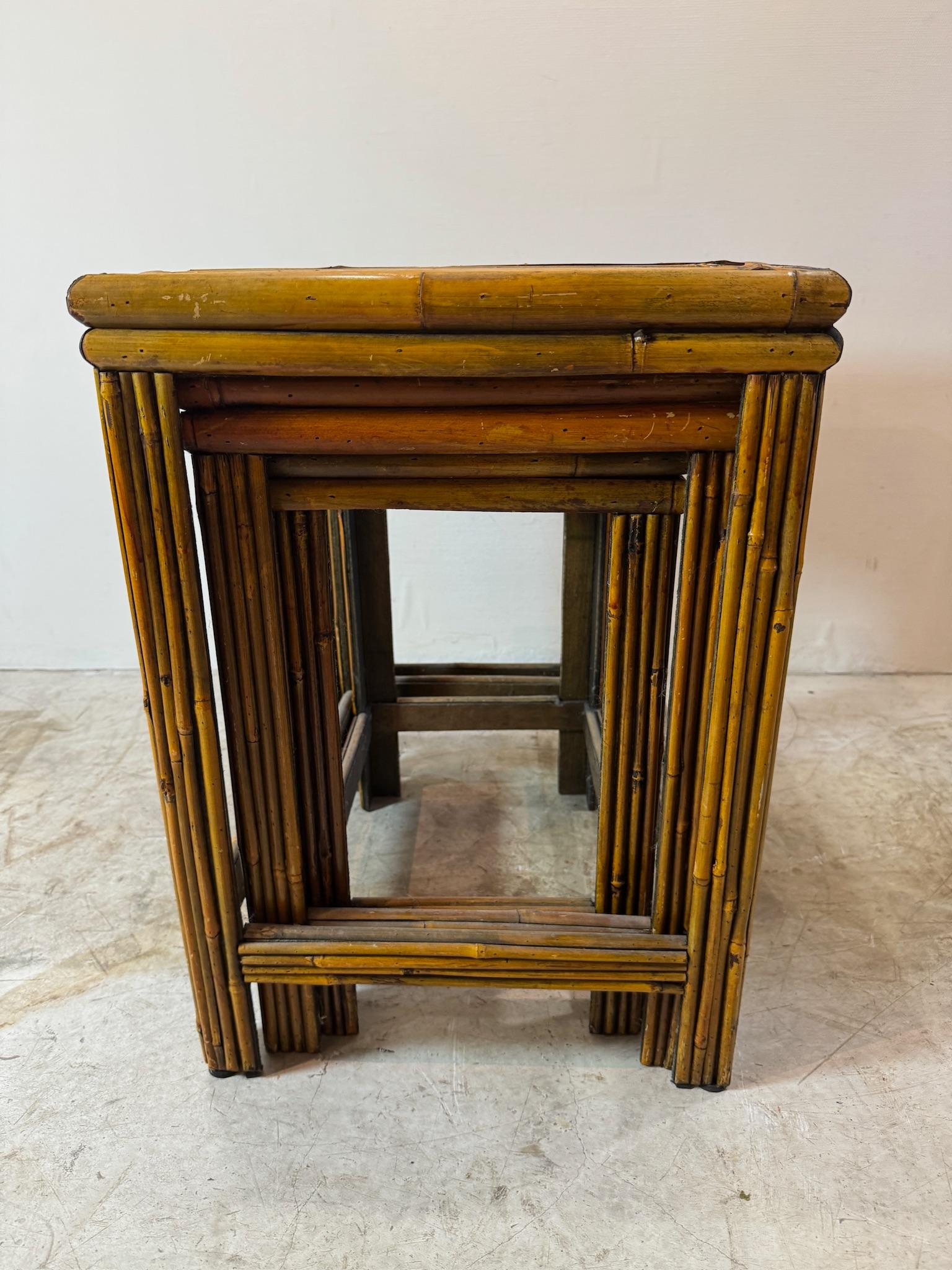 Vintage Bamboo & Rattan Nesting Tables – Set of Three, Mid-Century Tropical Boho In Good Condition For Sale In West Hollywood, CA