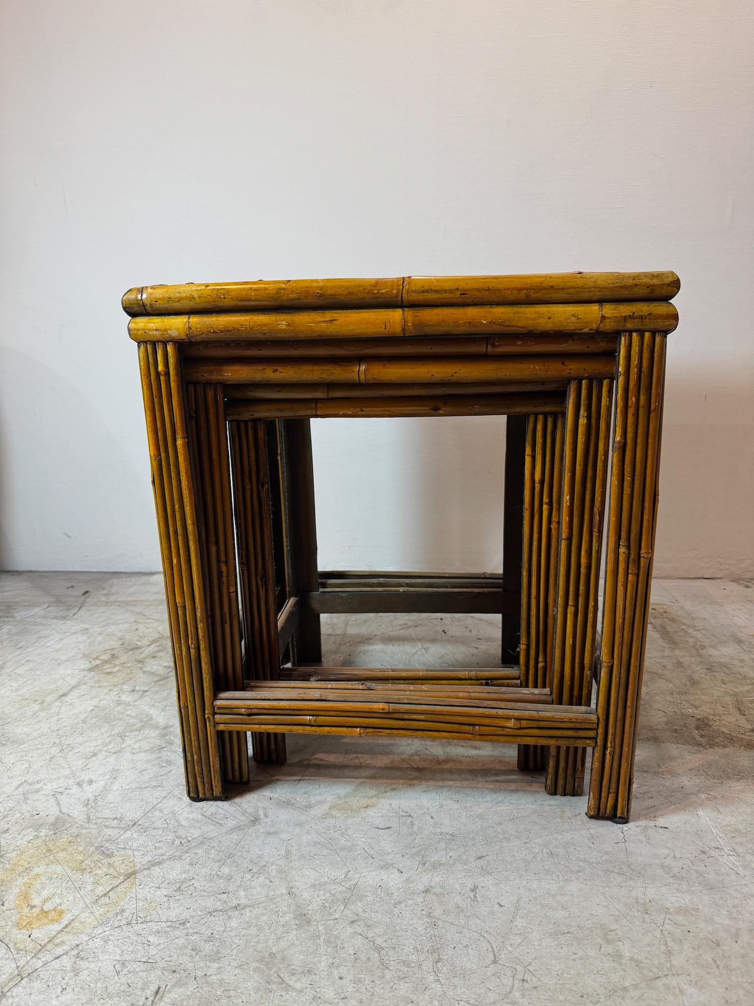 Vintage Bamboo & Rattan Nesting Tables – Set of Three, Mid-Century Tropical Boho For Sale 1
