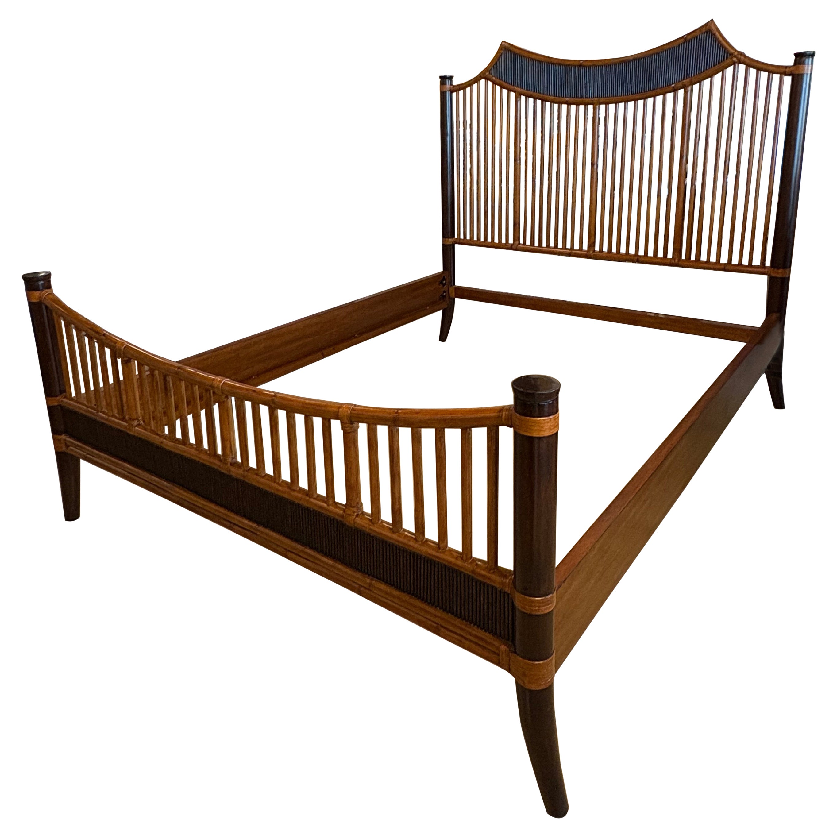 Vintage Bamboo Rattan Pagoda Queen Size Bed Headboard Footboard Frame Set