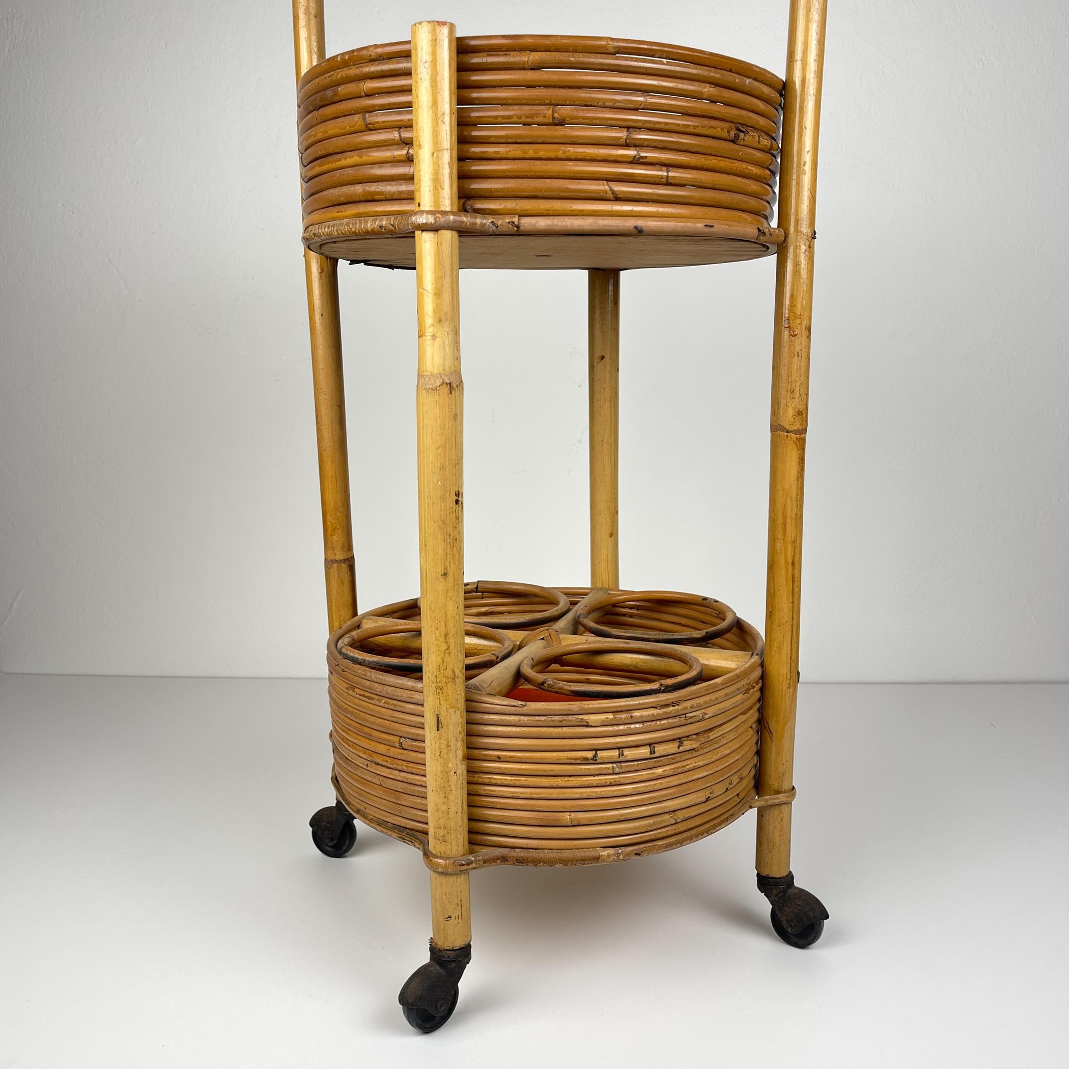 Vintage bamboo & rattan round service bar cart, Italy 1960s 3