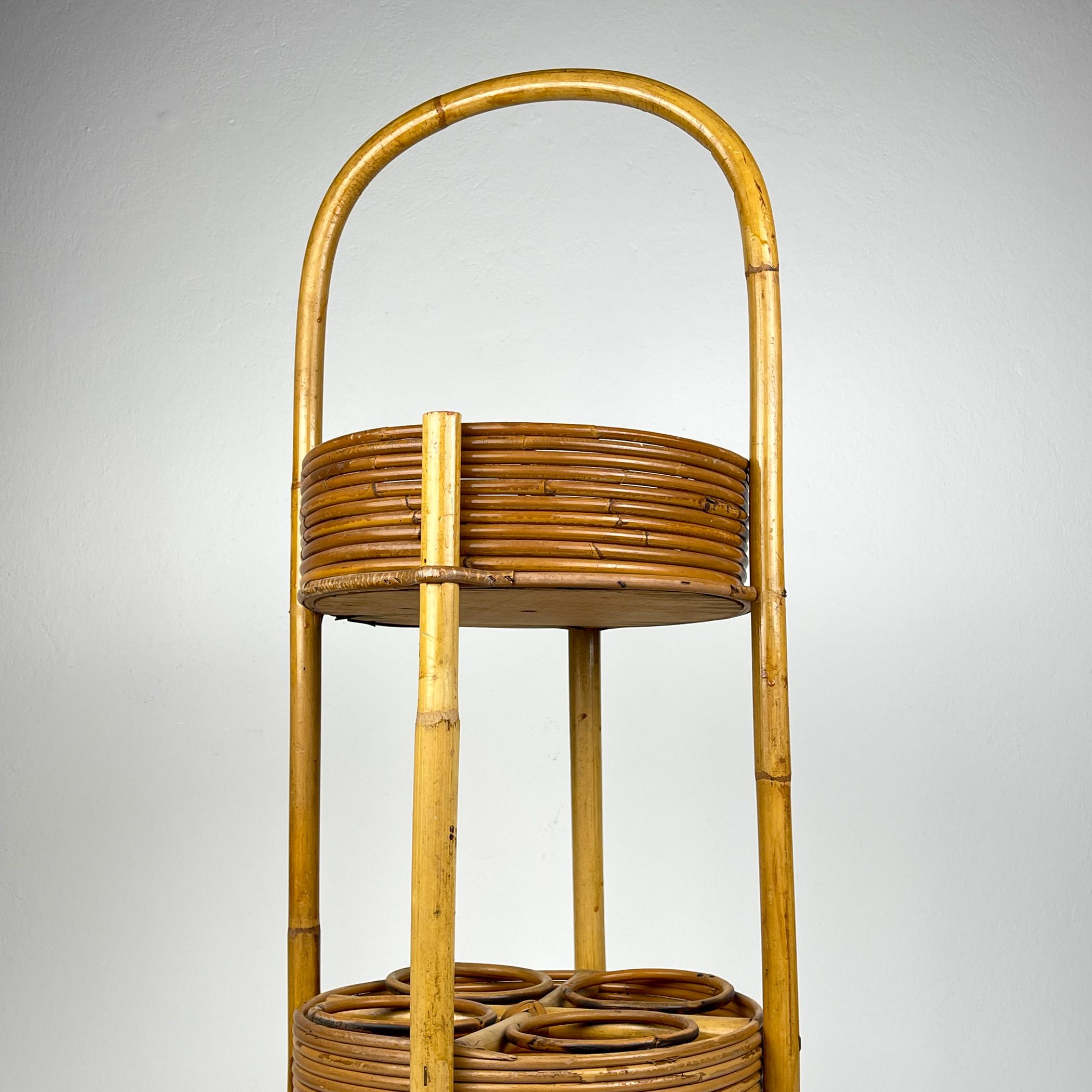 Vintage bamboo & rattan round service bar cart, Italy 1960s 4