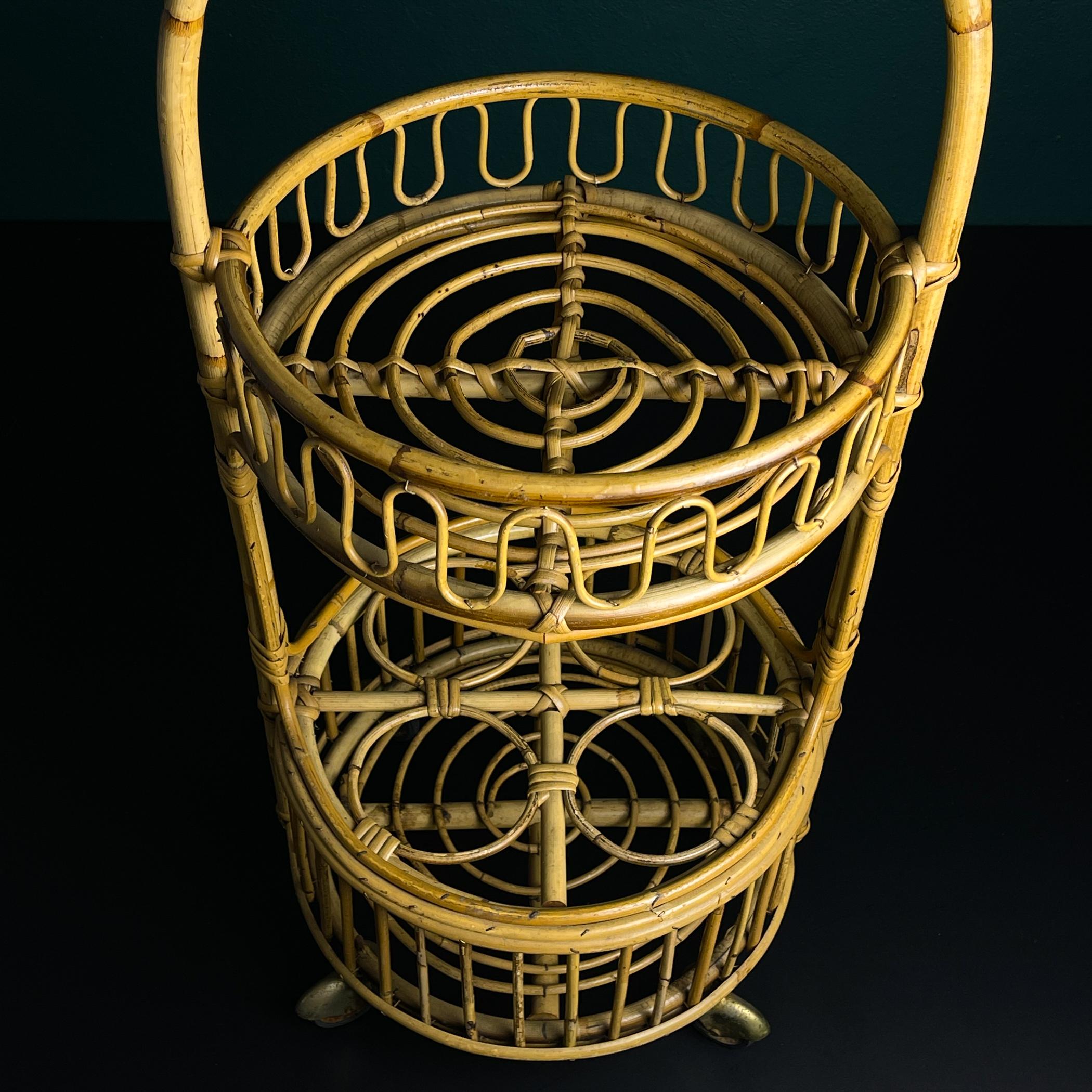 Carrello bar rotondo in bambù e rattan d'epoca, Italia anni '60 in vendita 4