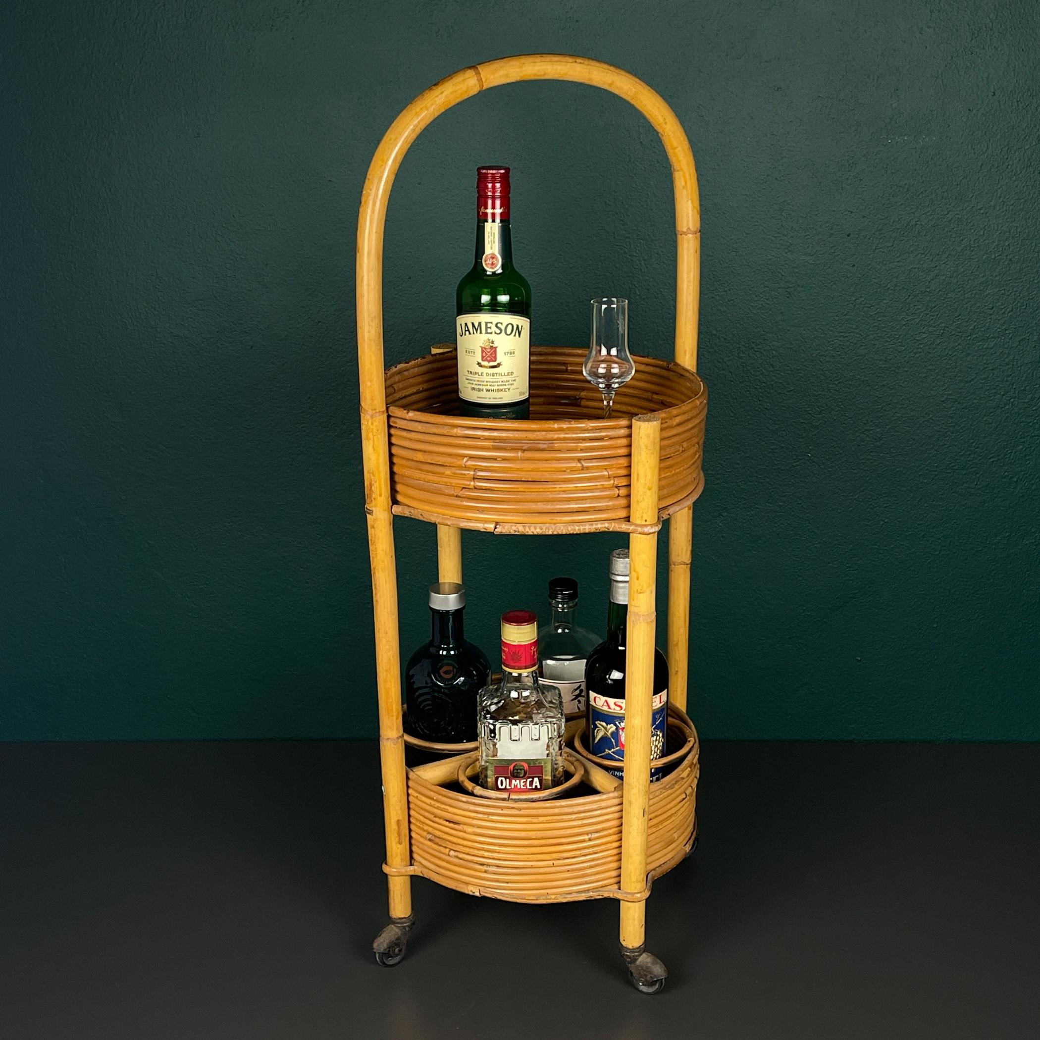 Vintage bamboo & rattan round service bar cart, Italy 1960s 5