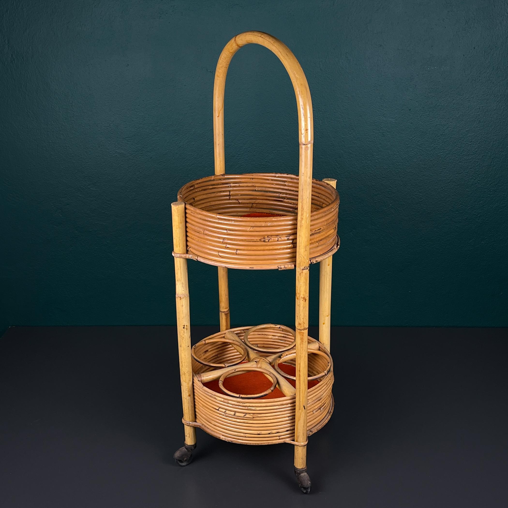 Vintage bamboo & rattan round service bar cart, Italy 1960s 9