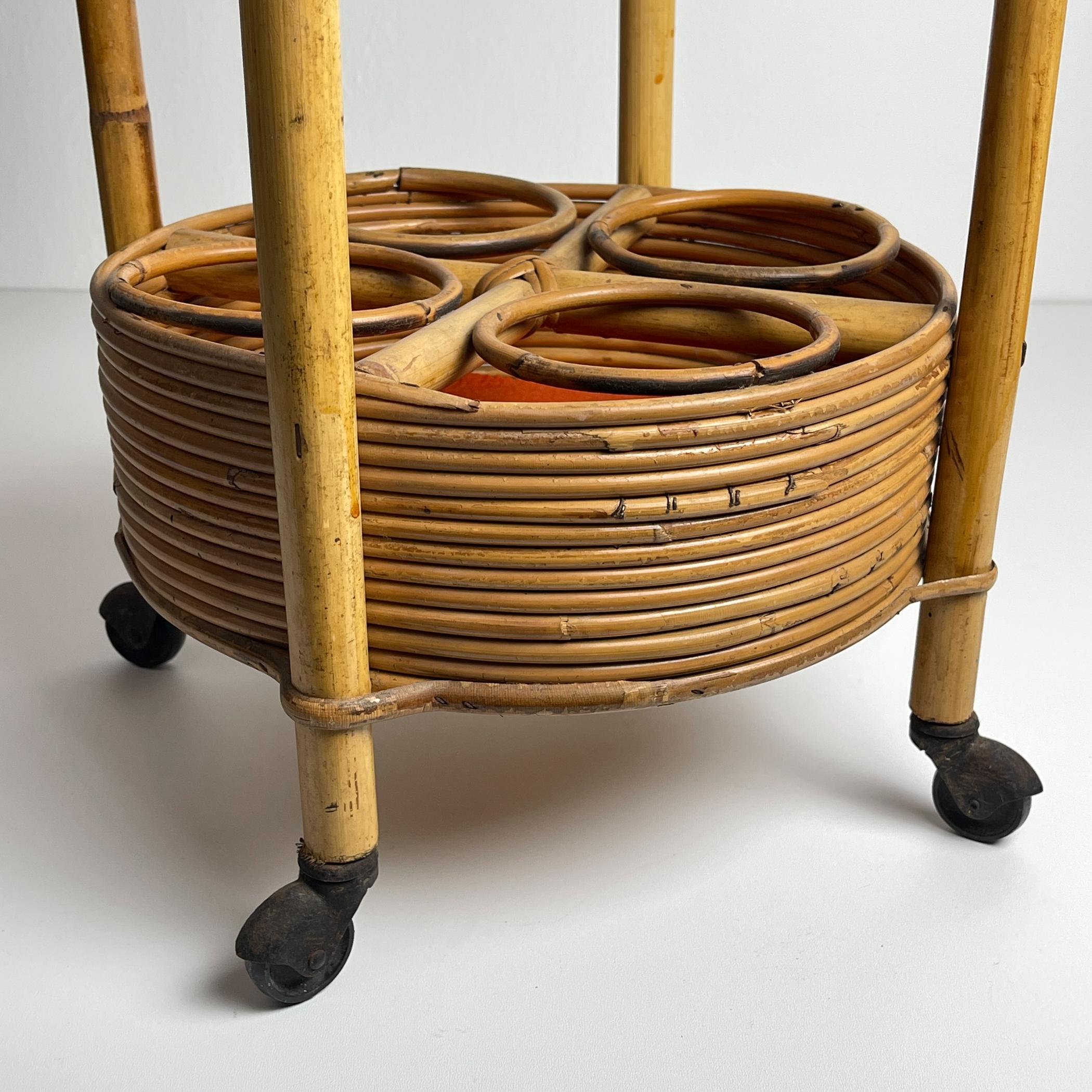 Vintage bamboo & rattan round service bar cart, Italy 1960s In Good Condition In Miklavž Pri Taboru, SI