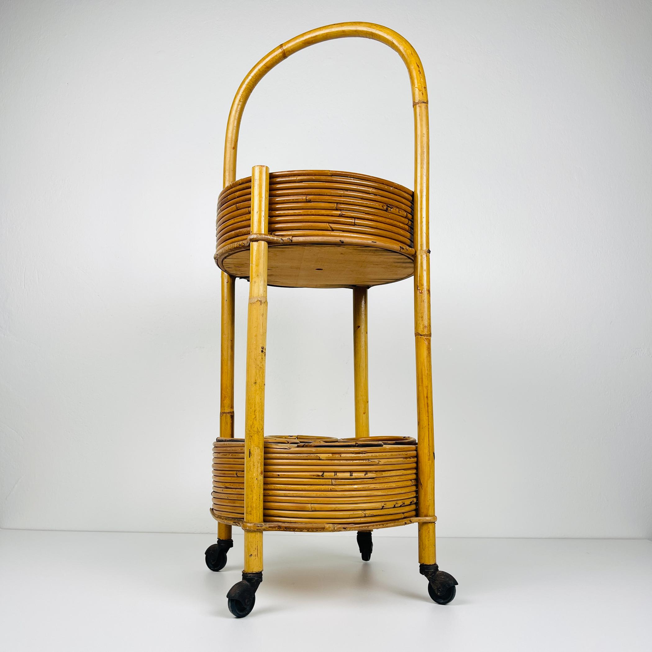 20th Century Vintage bamboo & rattan round service bar cart, Italy 1960s