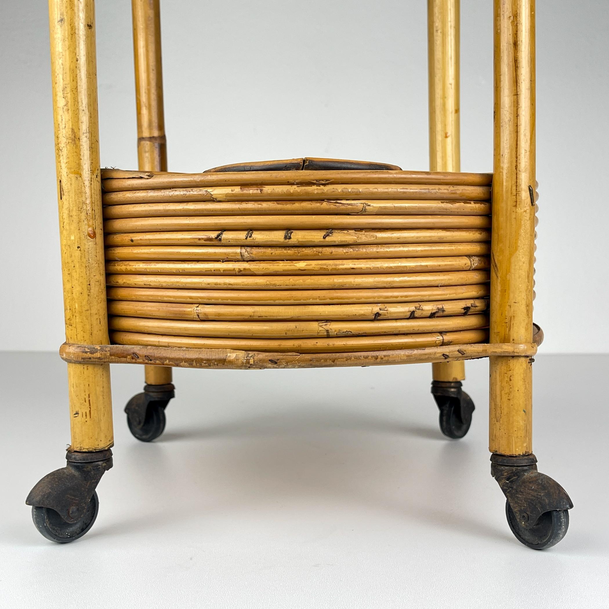 Bamboo Vintage bamboo & rattan round service bar cart, Italy 1960s