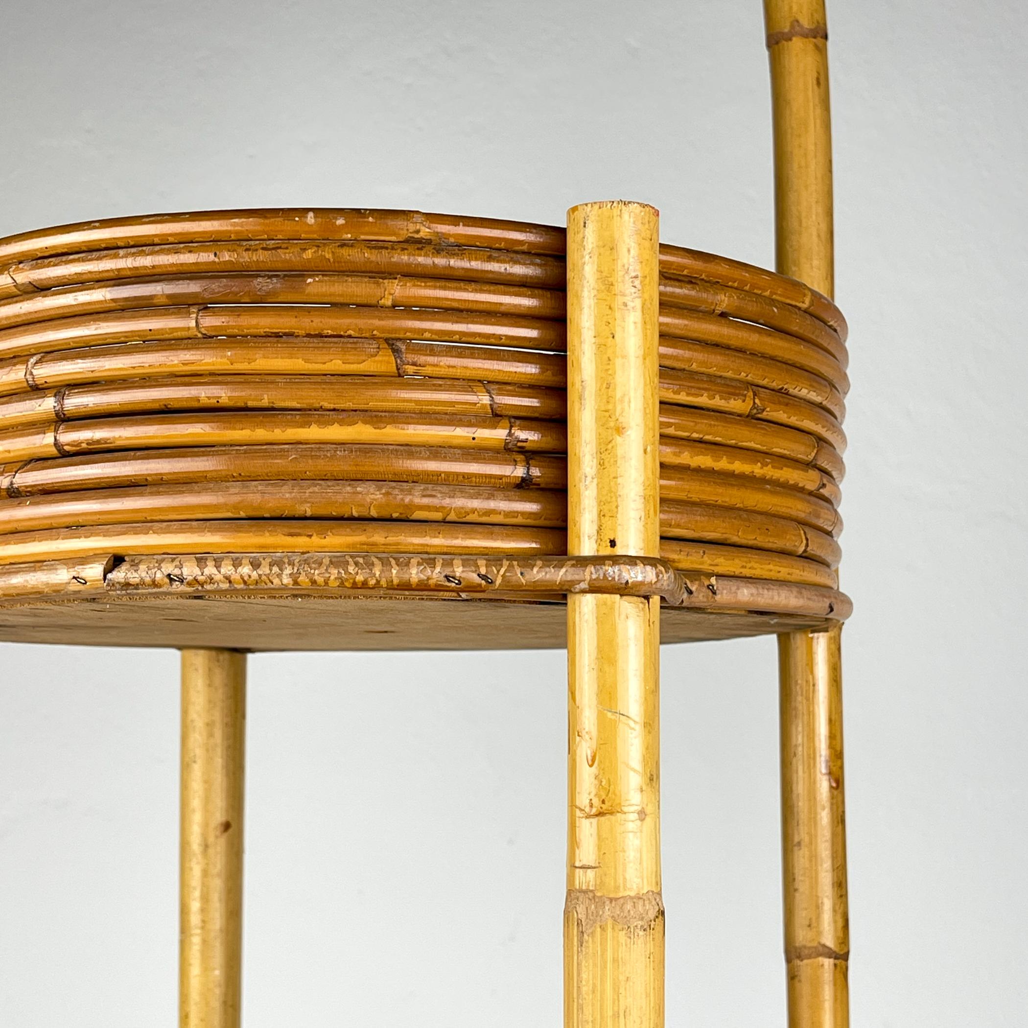 Vintage bamboo & rattan round service bar cart, Italy 1960s 1