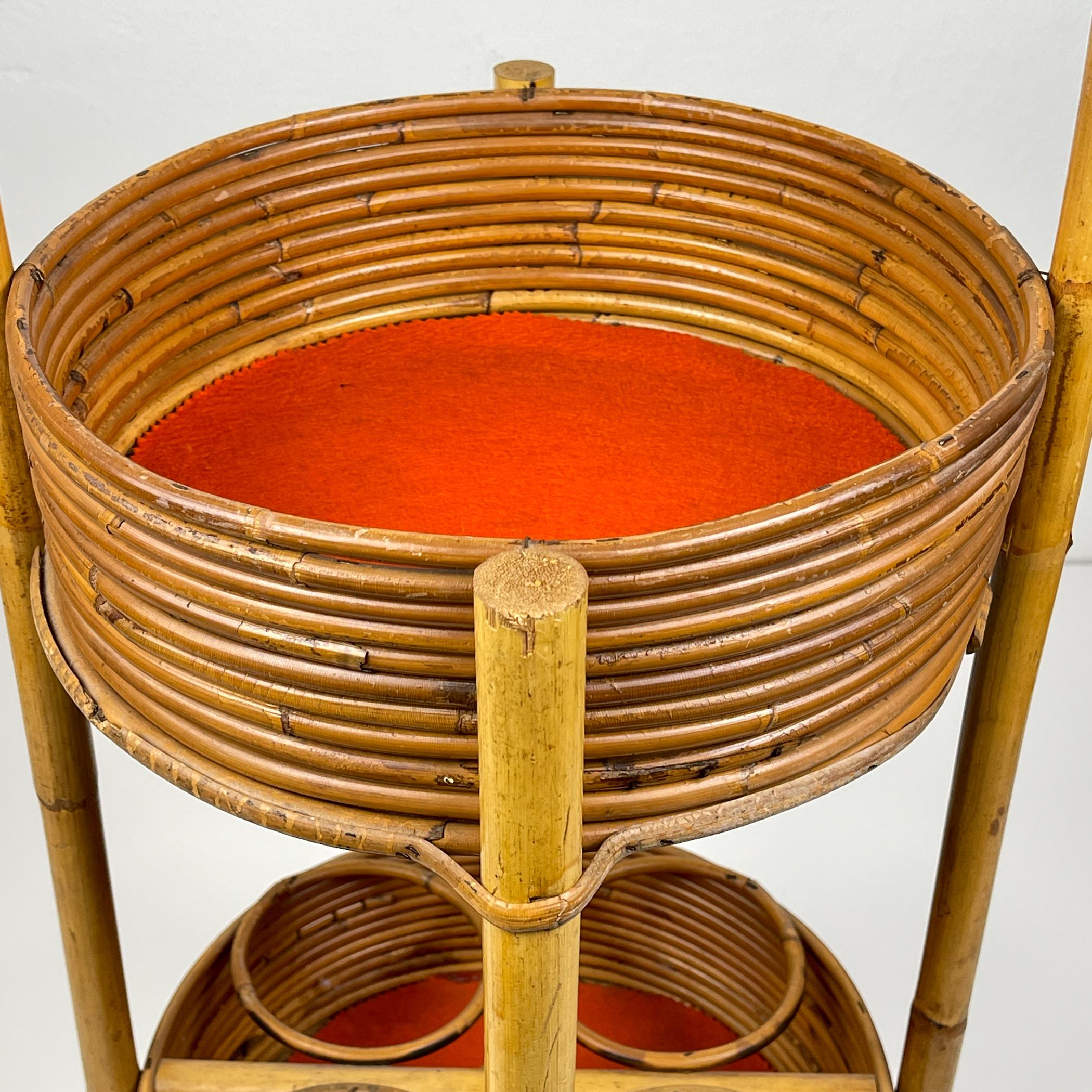 Vintage bamboo & rattan round service bar cart, Italy 1960s 2
