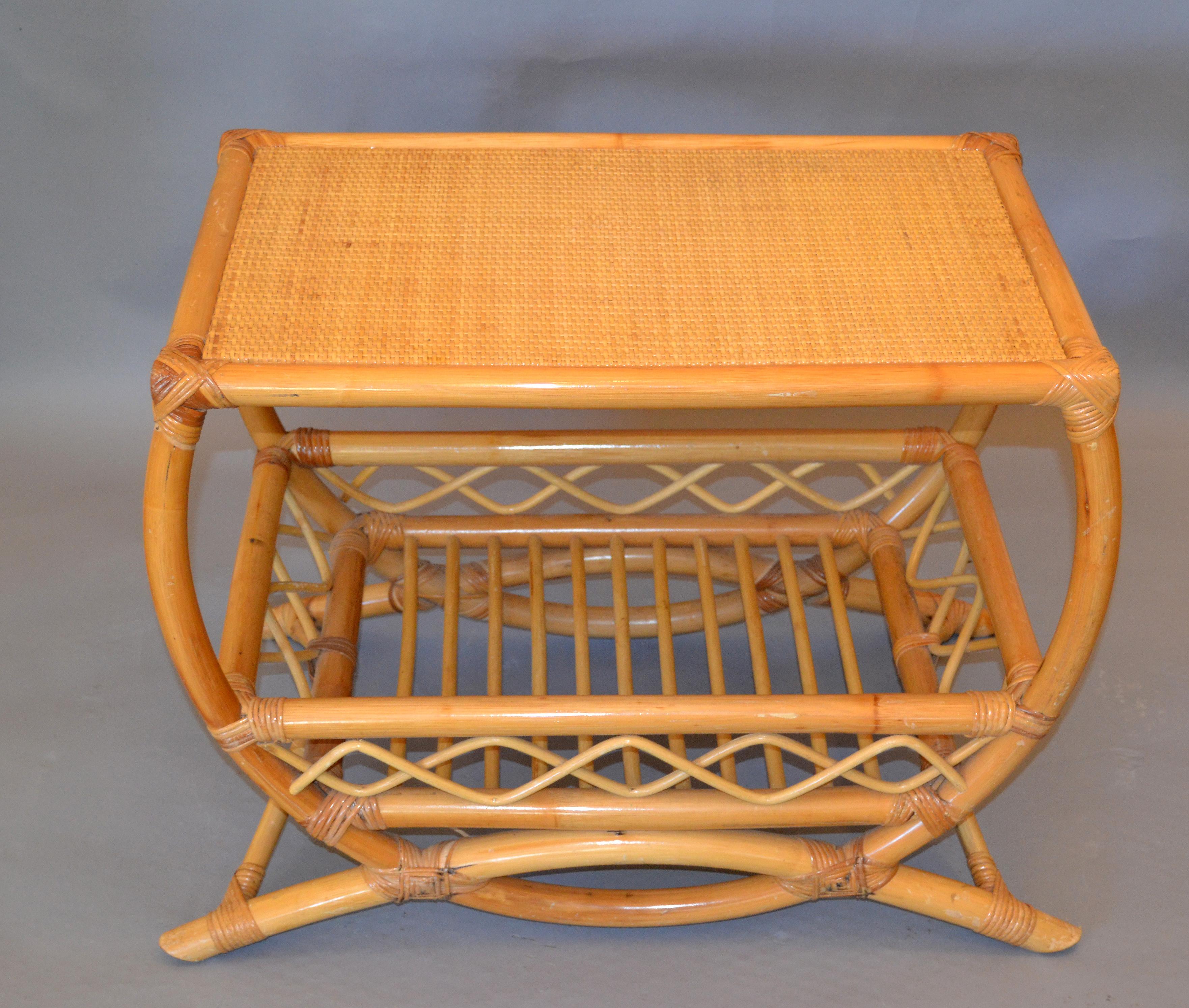 Vintage Bamboo Rattan Side Table with Lattice and Bentwood Design 2