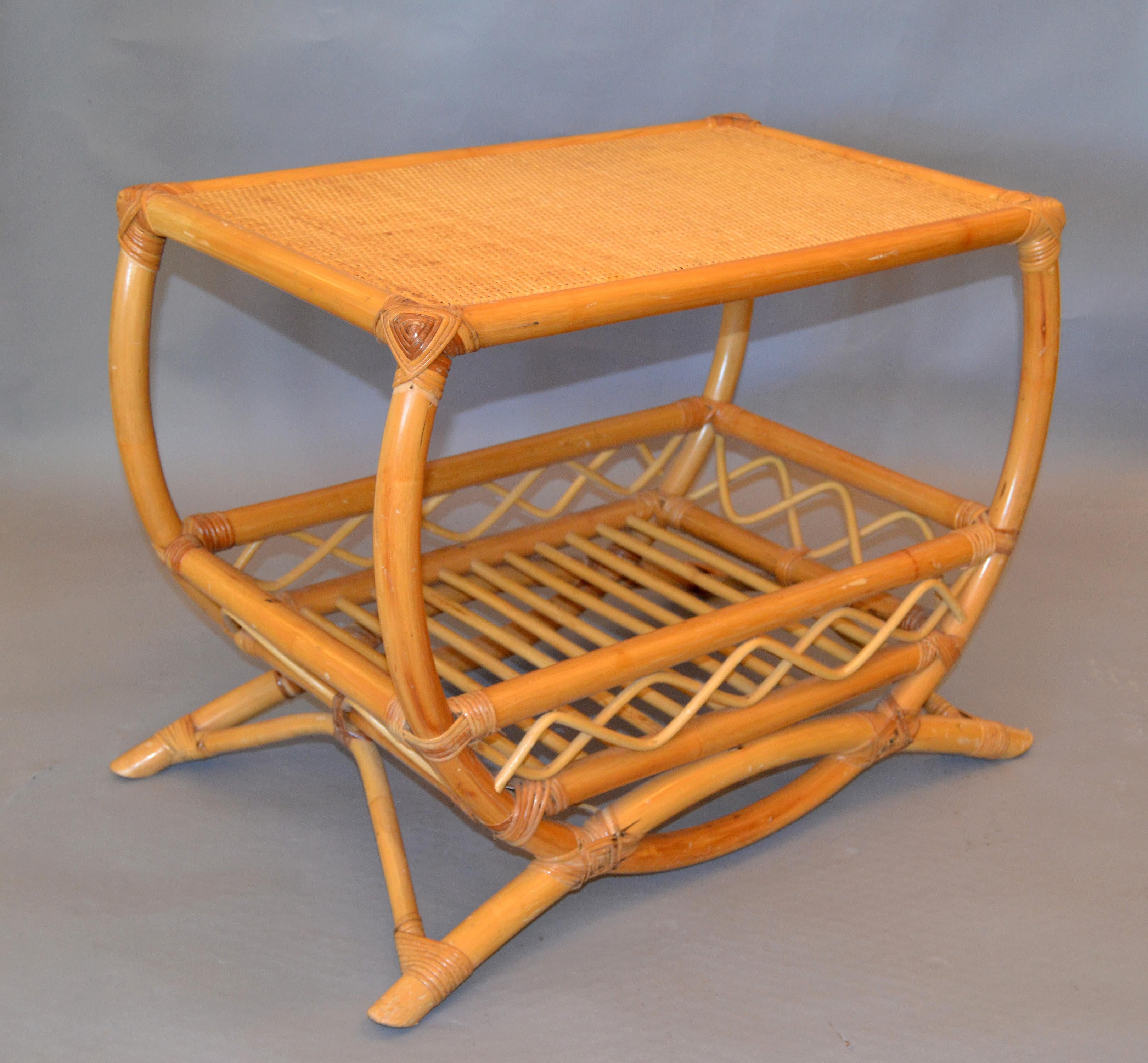 Vintage Bamboo Rattan Side Table with Lattice and Bentwood Design For