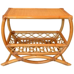 Vintage Bamboo Rattan Side Table with Lattice and Bentwood Design