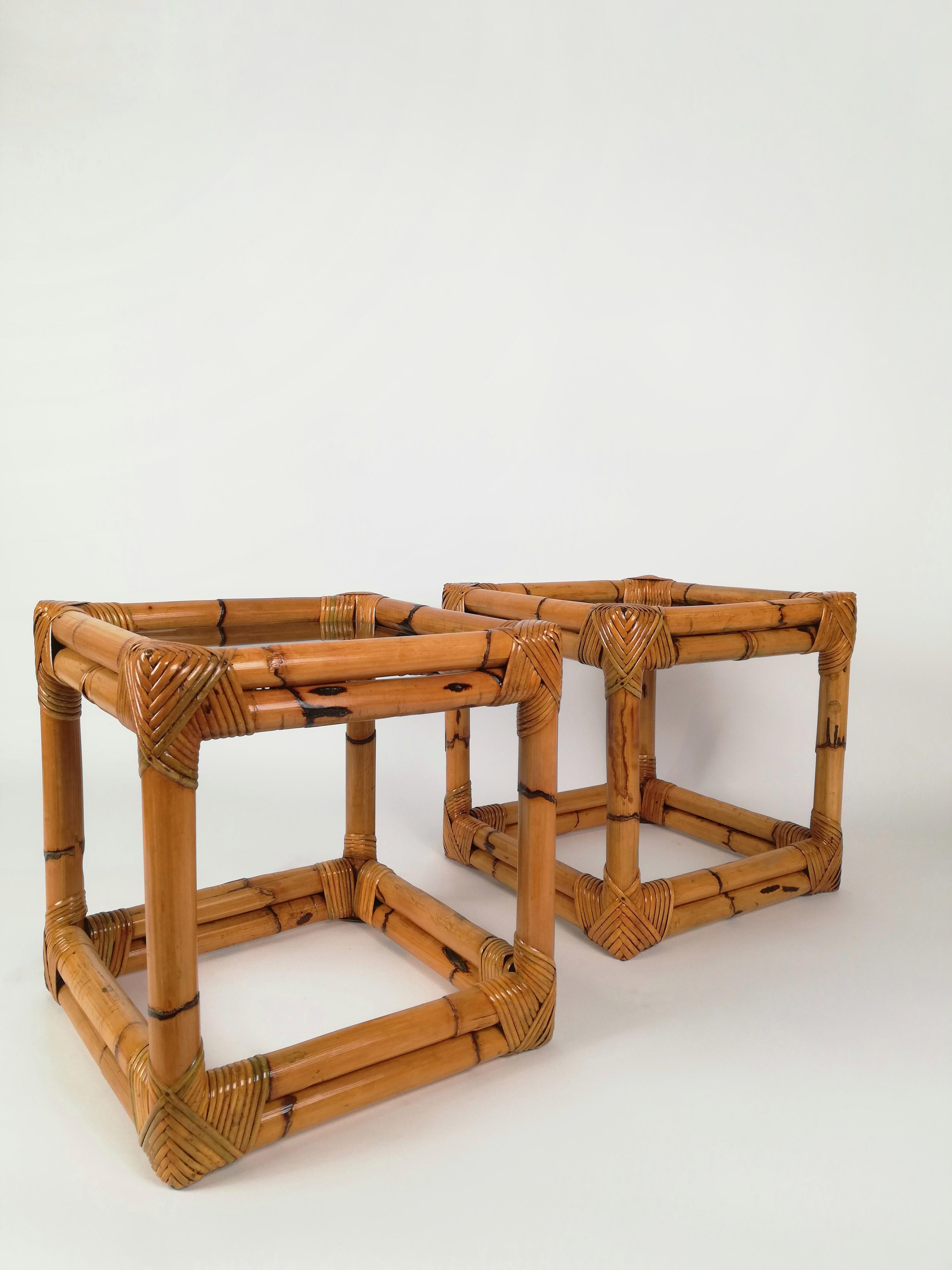 Vintage Bamboo, Rattan & Smoked Glass Side Tables, Italy, 1970s 10