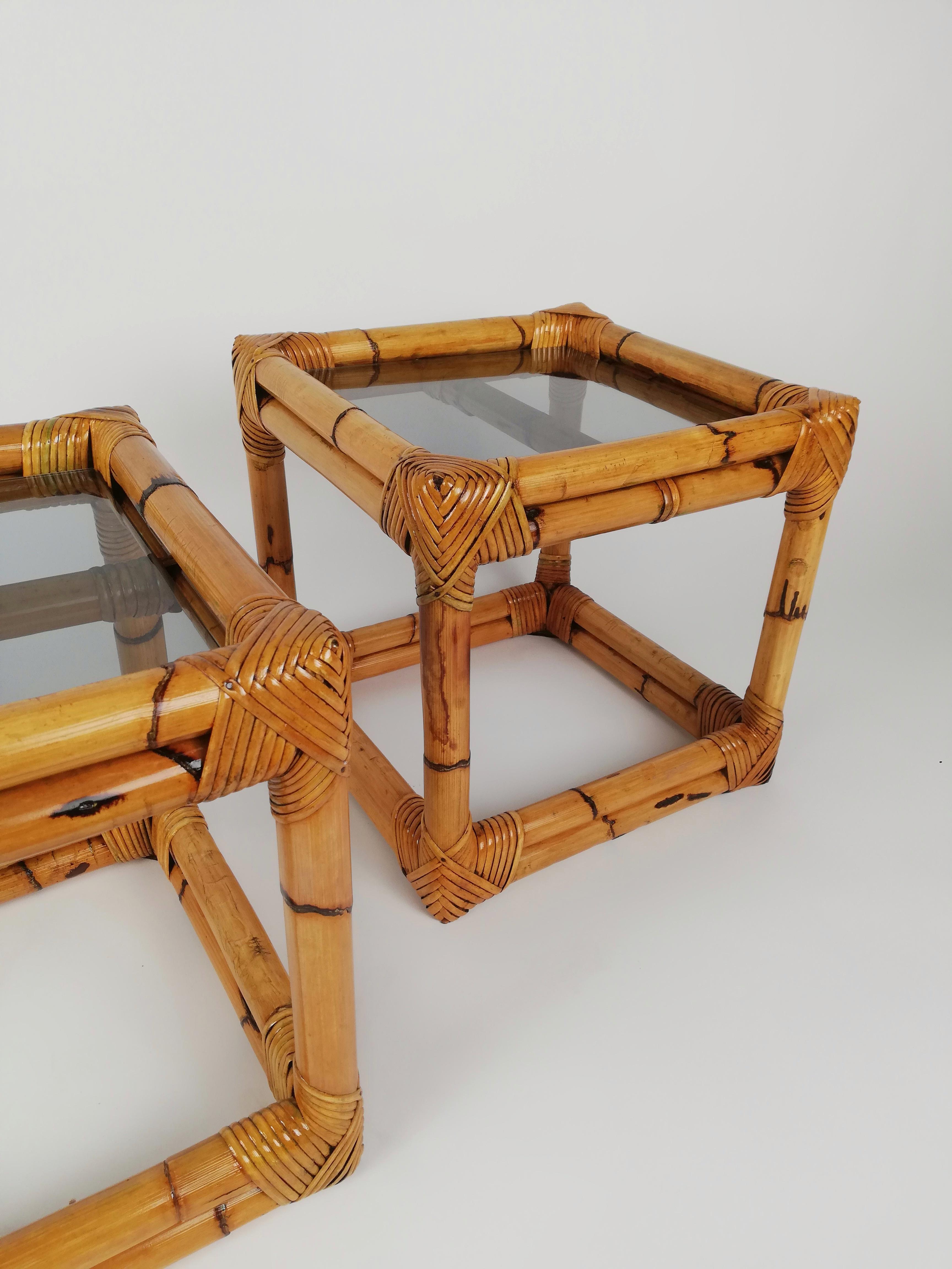 Mid-Century Modern Vintage Bamboo, Rattan & Smoked Glass Side Tables, Italy, 1970s